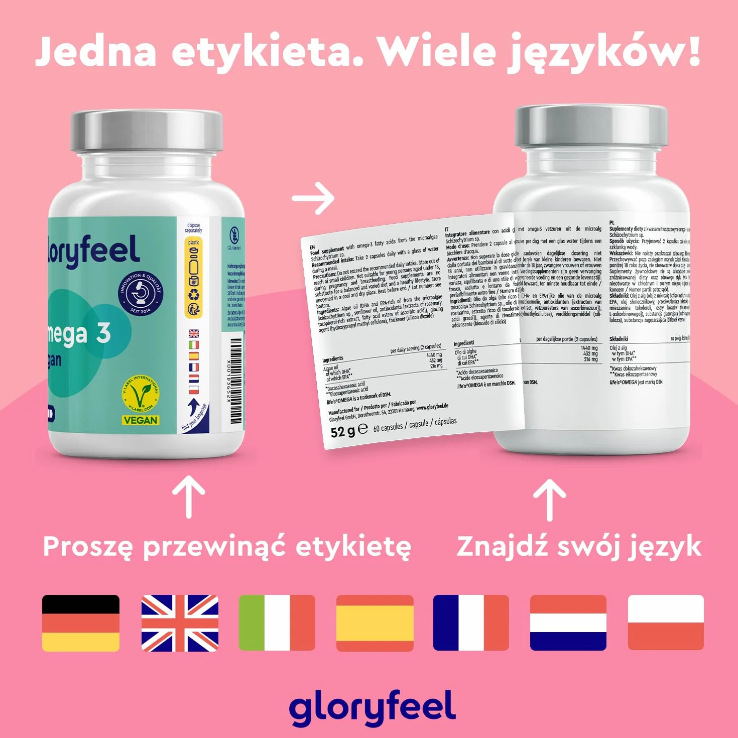 Life's™ OMEGA Omega-3 wegańskie z oleju z alg 1440 mg kapsułka wysoka dawka DHA 432 mg EPA 216 mg