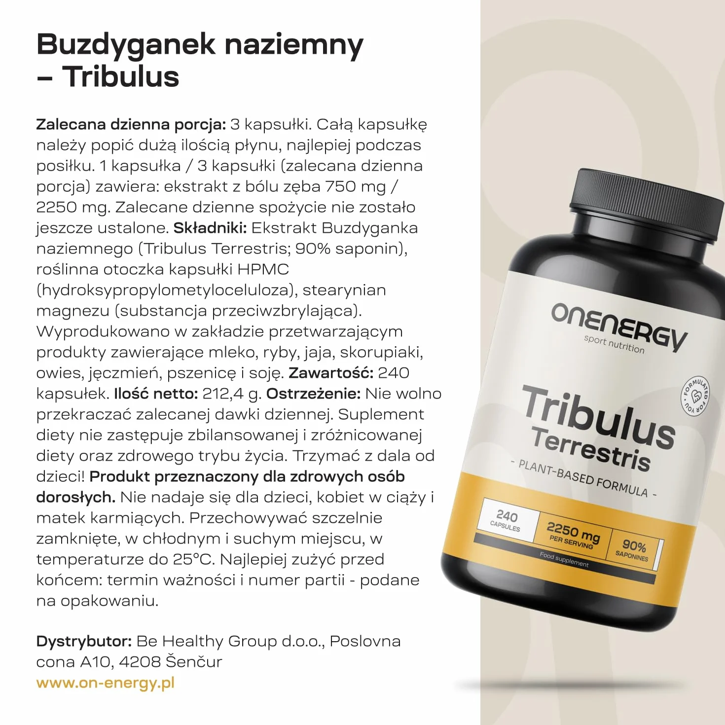 Tribulus 2250 mg 240 kapsułek 90% saponin Wyciąg ziołowy Buzdyganek naziemny