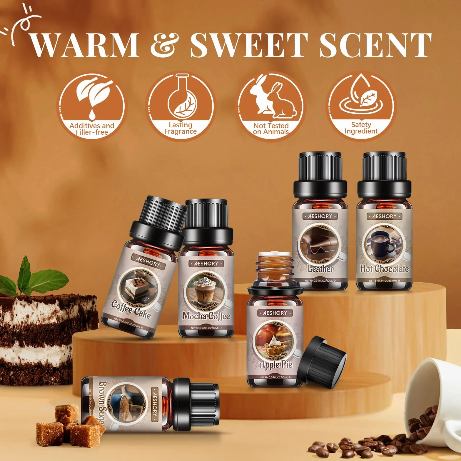 AESHORY Zestaw Olejków Eterycznych Cozy Home 6 X 10 Ml, Olejki Zapachowe Do Aromaterapii Do Dyfuzora, Do Wyrobu Świec - Brązowy Cukier, Szarlotka, Ciasto Kawowe, Kawa Mokka, Gorąca Czekolada, Skóra