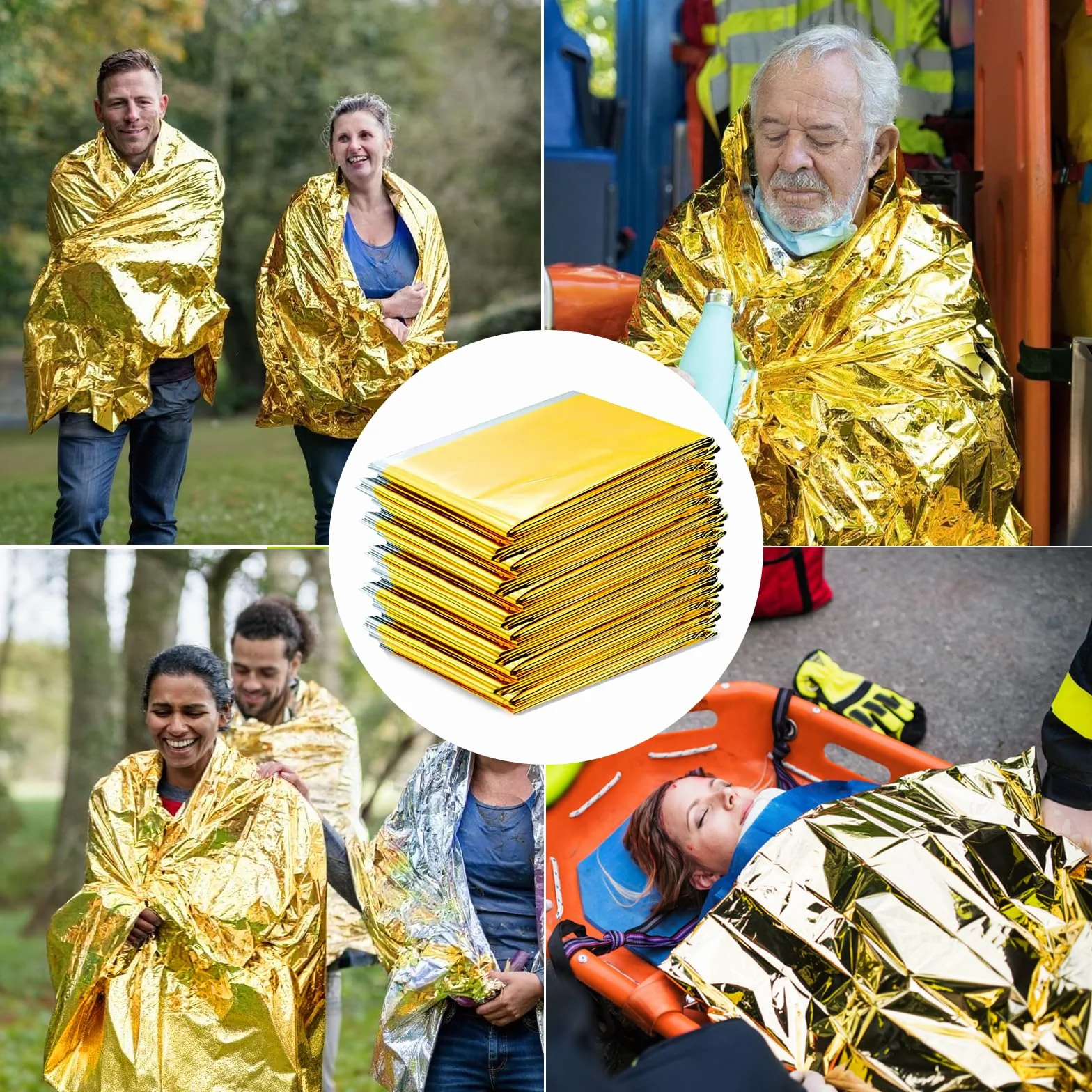 Koce Ratunkowe 5 Sztuki, Koce Foliowe Złoto-srebrne, Koc Termiczny 210×160 cm, Koce Ratunkowe Idealne na Zewnątrz Przetrwanie Wędrówki Pierwszą Pomoc Samochód, Odporne na Rozdarcie