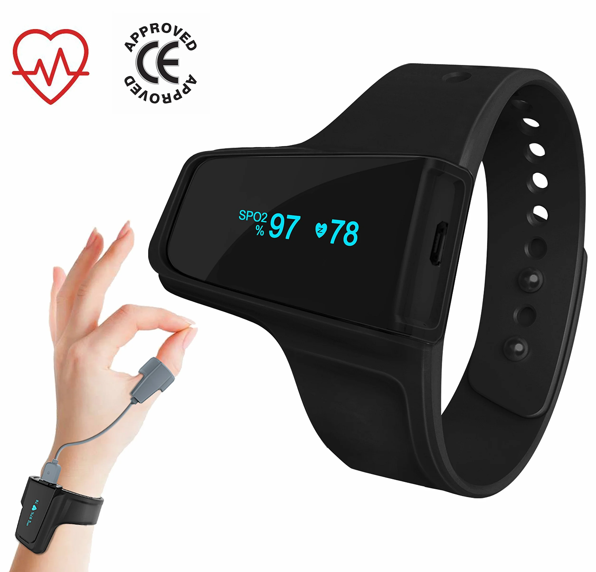 Checkme™ O2 Monitor snu, przenośny monitor tlenu i tętna, opatentowany czujnik kciuka, pulsoksymetr SpO2 z inteligentnym alarmem wibracyjnym, Bluetooth, przeciw chrapaniu, opaska na nadgarstek z