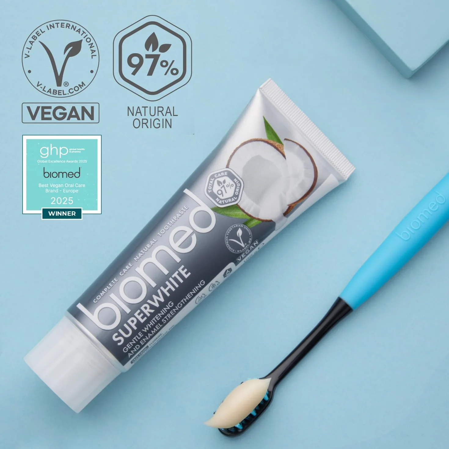 Biomed Superwhite 97% naturalna wybielająca pasta do zębów/wzmocnienie emalii/smak kokosowy, wegański, SLS Free 3x100g