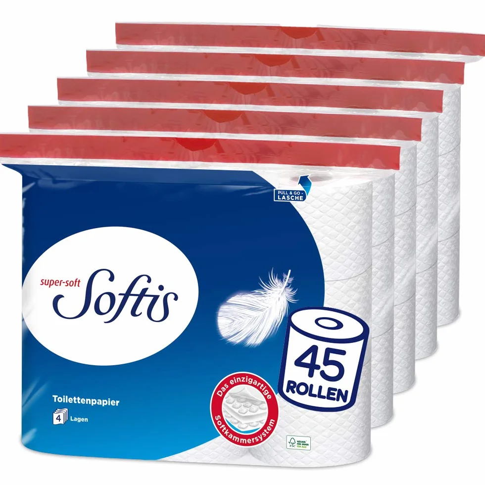 Softis 4-warstwowy papier toaletowy, opakowanie 45 rolek, 100 arkuszy na rolkę, FSC