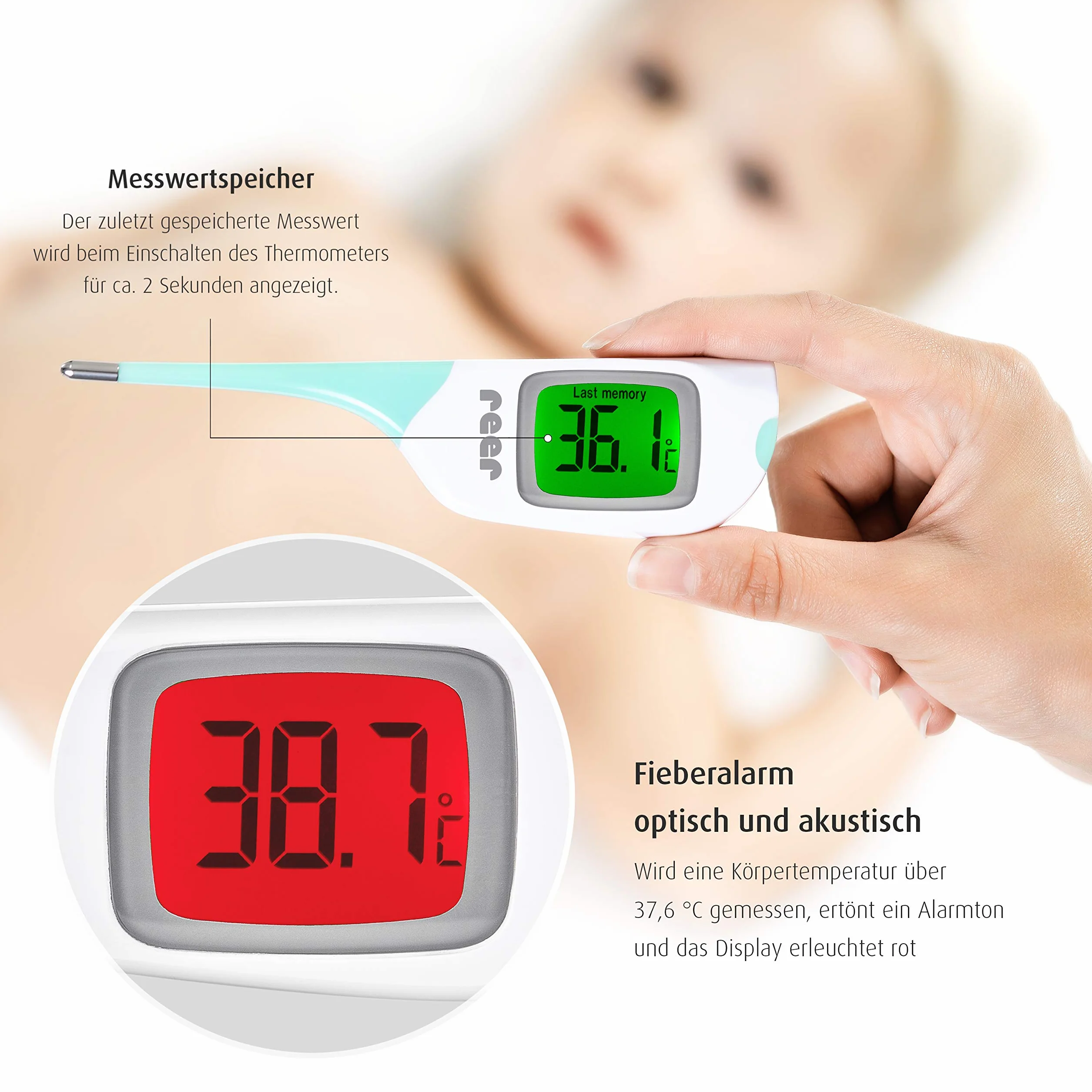 Reer Cyfrowy termometr ColourTemp dla niemowląt z dużym wyświetlaczem i kolorowym czujnikiem gorączki, 1 sztuka