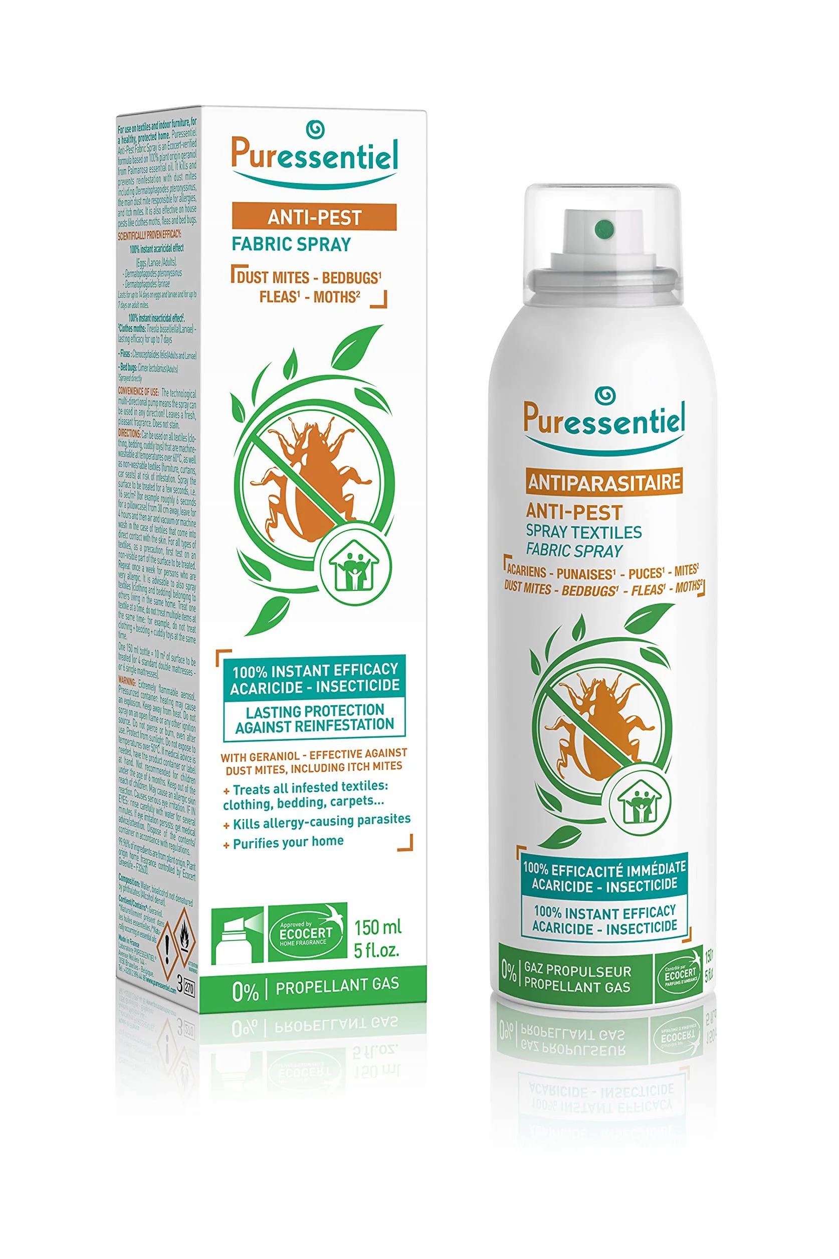 Puressentiel Spray do tkanin przeciw szkodnikom, skuteczny na roztocza, pluskwy, pchły i ćmy, 100% natychmiastowa skuteczność | środek owadobójczy | 0% gaz napędowy | 150 ml