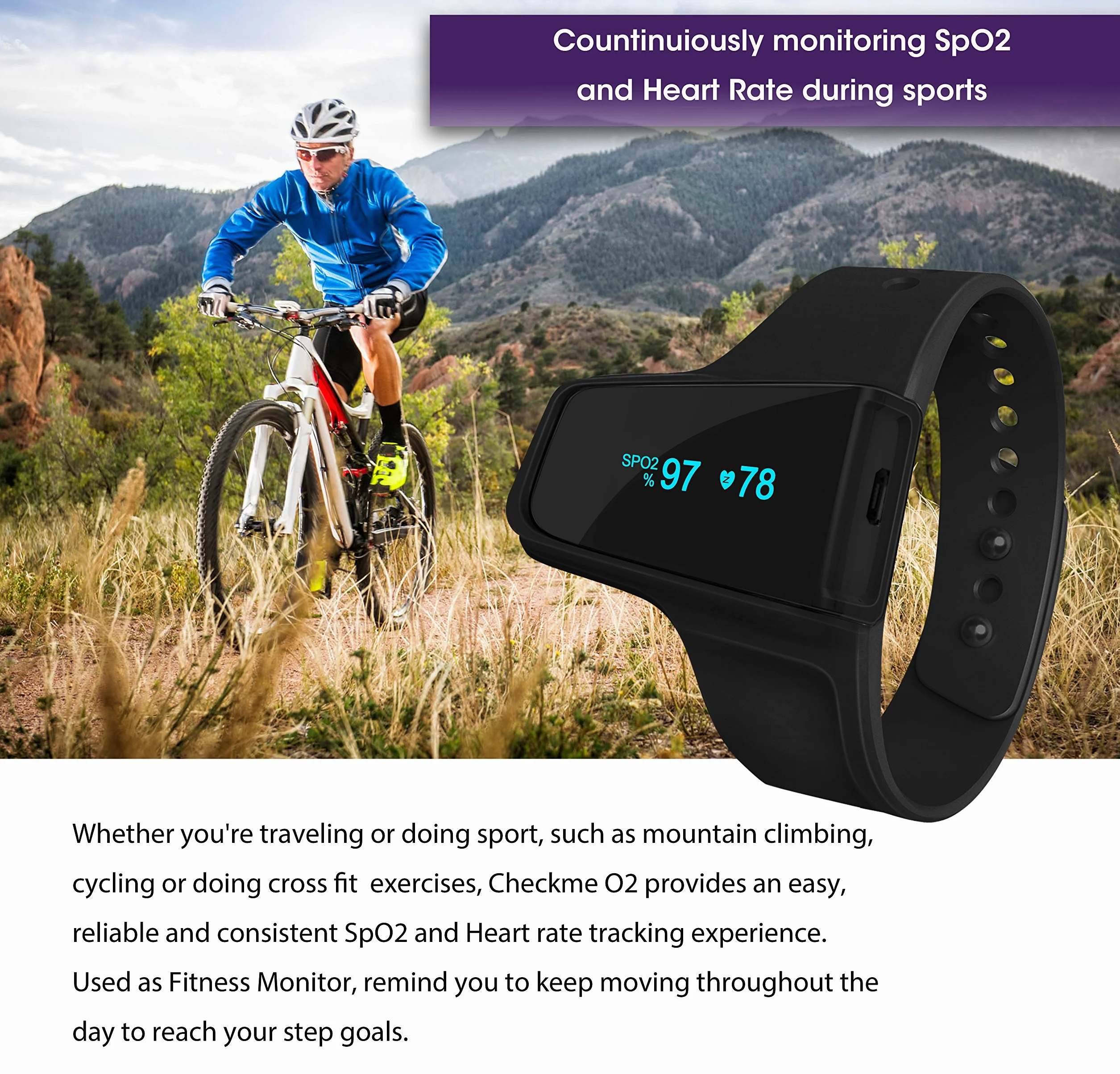 Checkme™ O2 Monitor snu, przenośny monitor tlenu i tętna, opatentowany czujnik kciuka, pulsoksymetr SpO2 z inteligentnym alarmem wibracyjnym, Bluetooth, przeciw chrapaniu, opaska na nadgarstek z