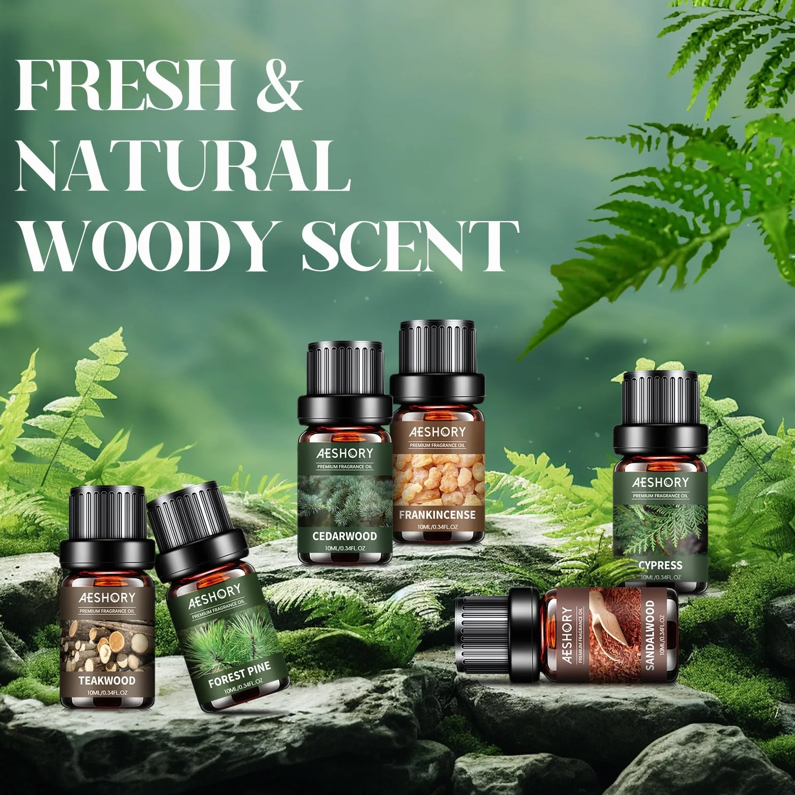 Aeshory 6 x 10ml Drzewny Zestaw Olejków Eterycznych Do Dyfuzorów, Aromaterapii, Nawilżaczy Powietrza I Wyrobu Świec – Drzewo Sandałowe, Cedrowe, Cyprysowe, Kadzidłowe, Tekowe, Sosnowe