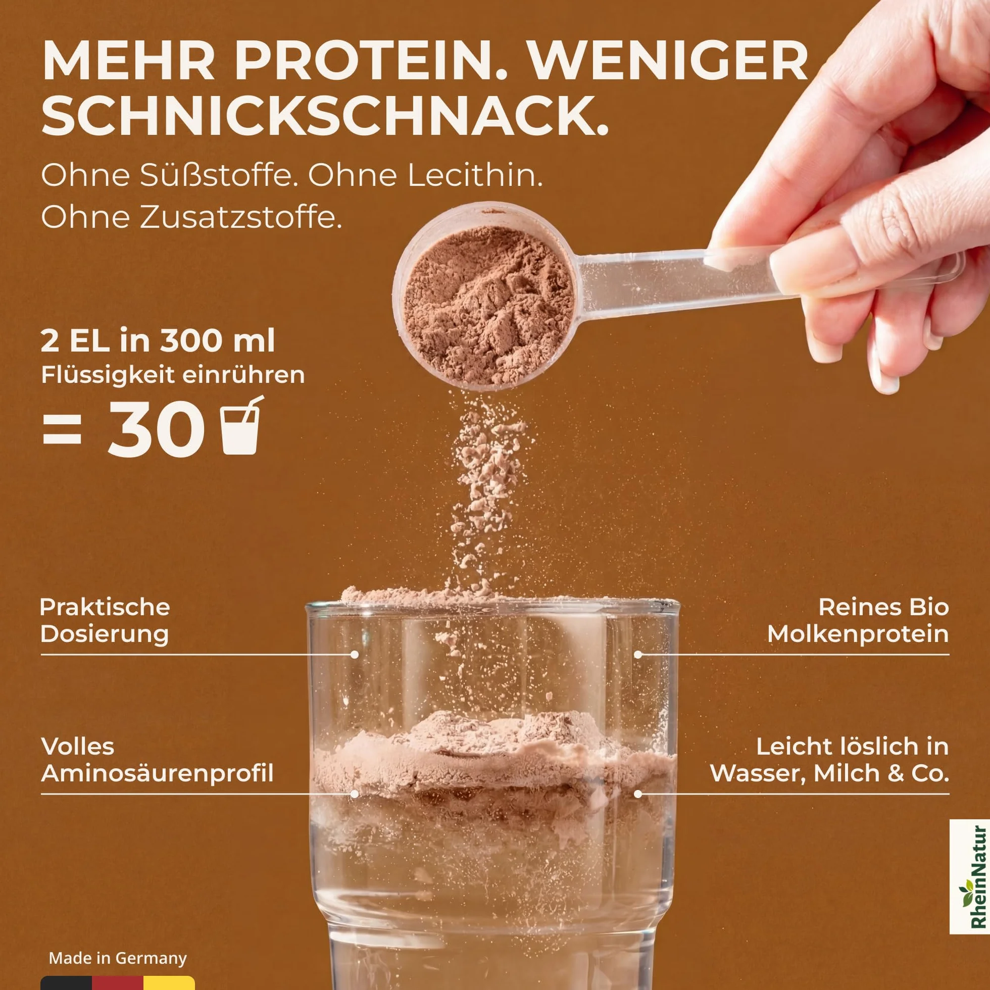 RheinNatur Bio Whey Protein Kakao 900 g - Proszek białkowy z bio-proszkiem kakaowym, 100% białko serwatki