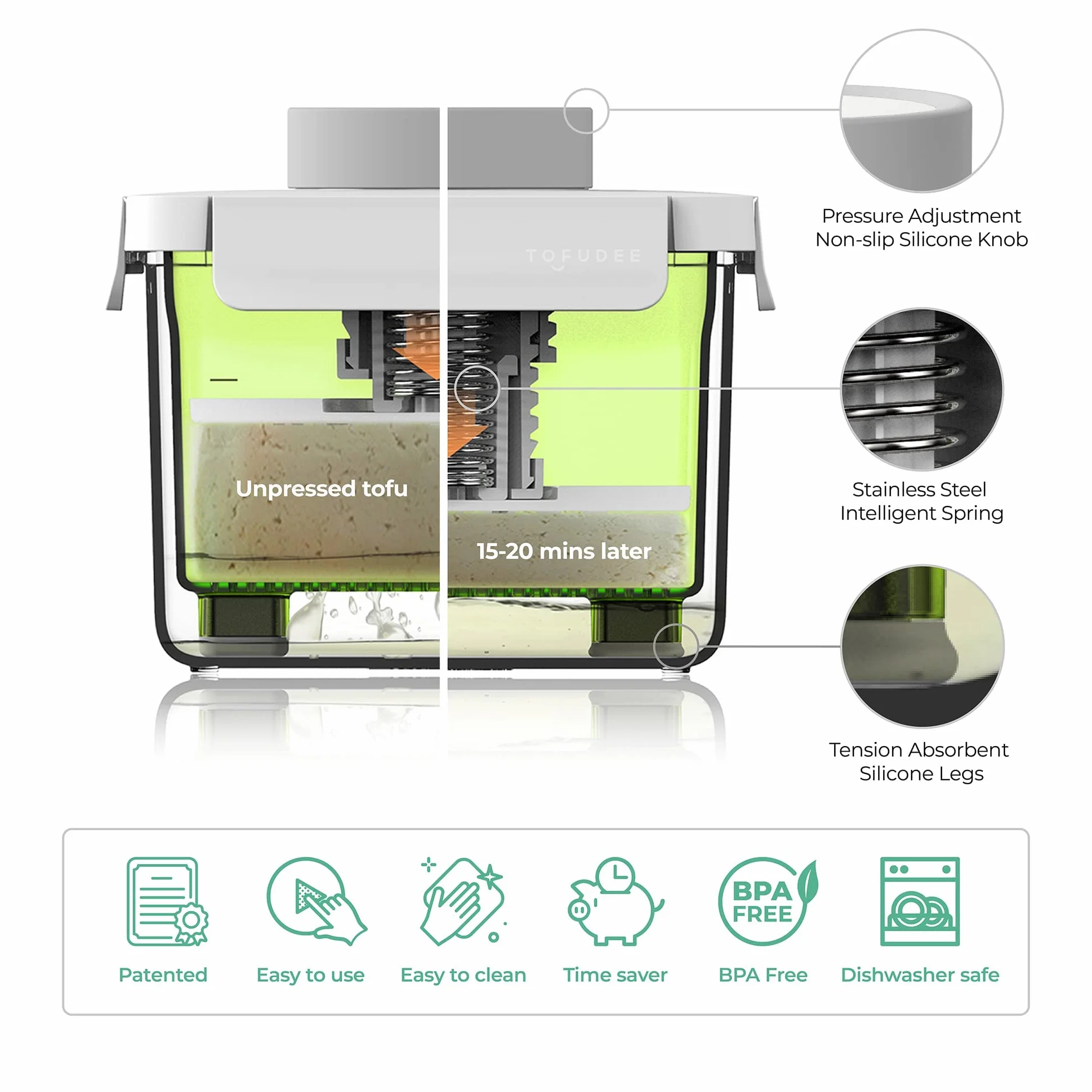 TOFUDEE Prasa do tofu z funkcją Auto IntelliSpring. Opatentowana regulowana wegańska prasa do tofu dla przyspieszenia odprowadzania wody ze wszystkich rodzajów tłoczonego tofu bez pęknięć