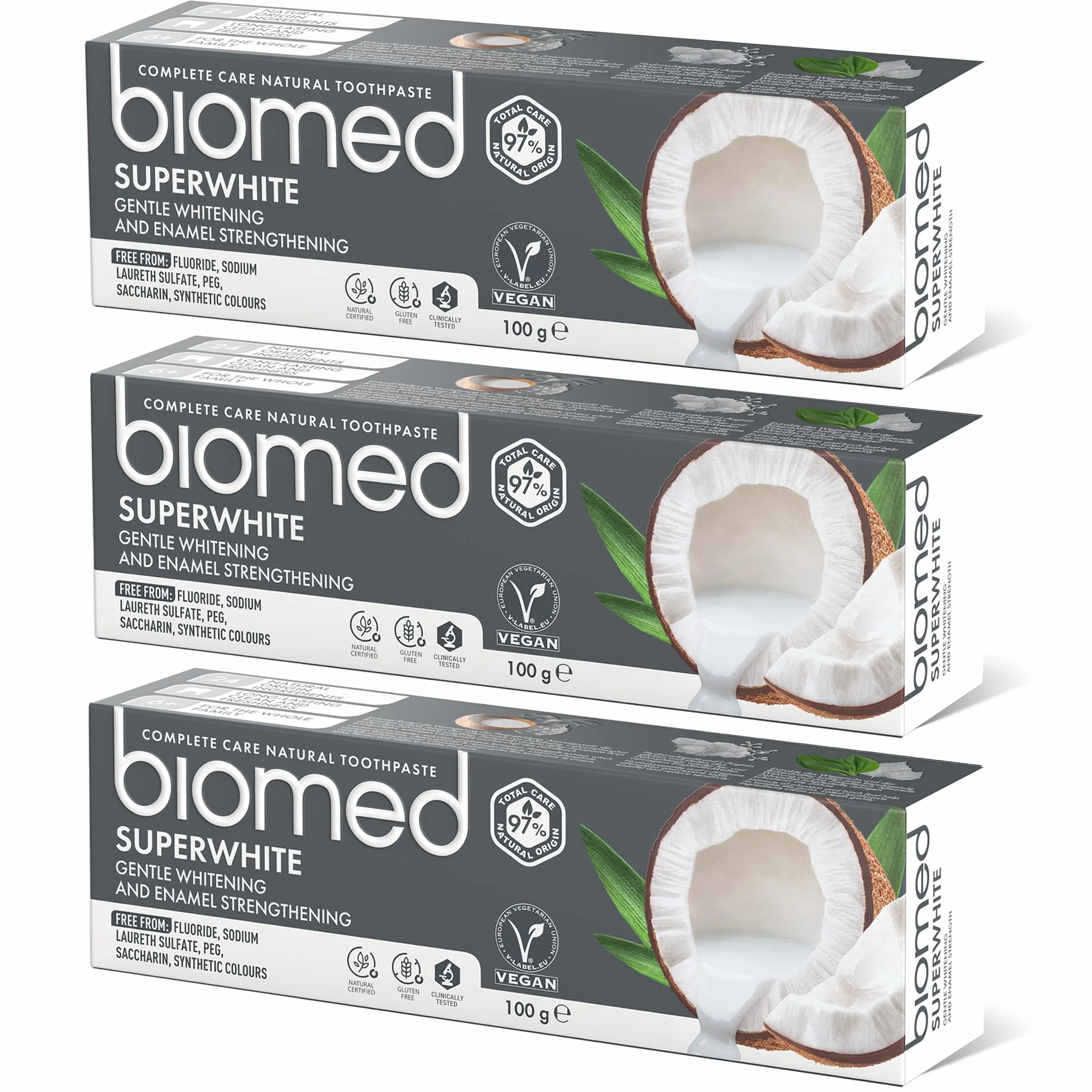 Biomed Superwhite 97% naturalna wybielająca pasta do zębów/wzmocnienie emalii/smak kokosowy, wegański, SLS Free 3x100g