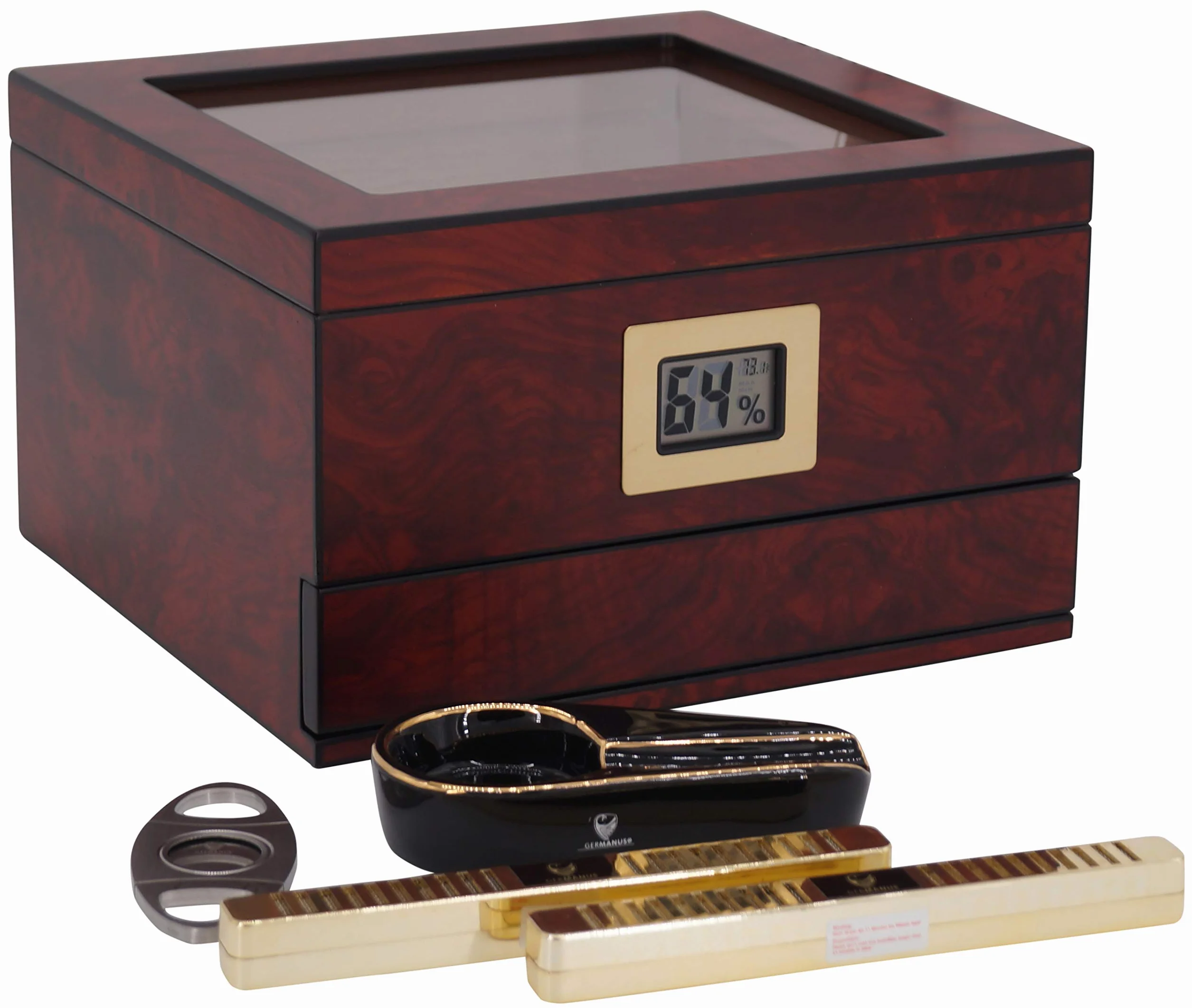 GERMANUS Humidor con Higrómetro, Cenicero de Puros y Cúter