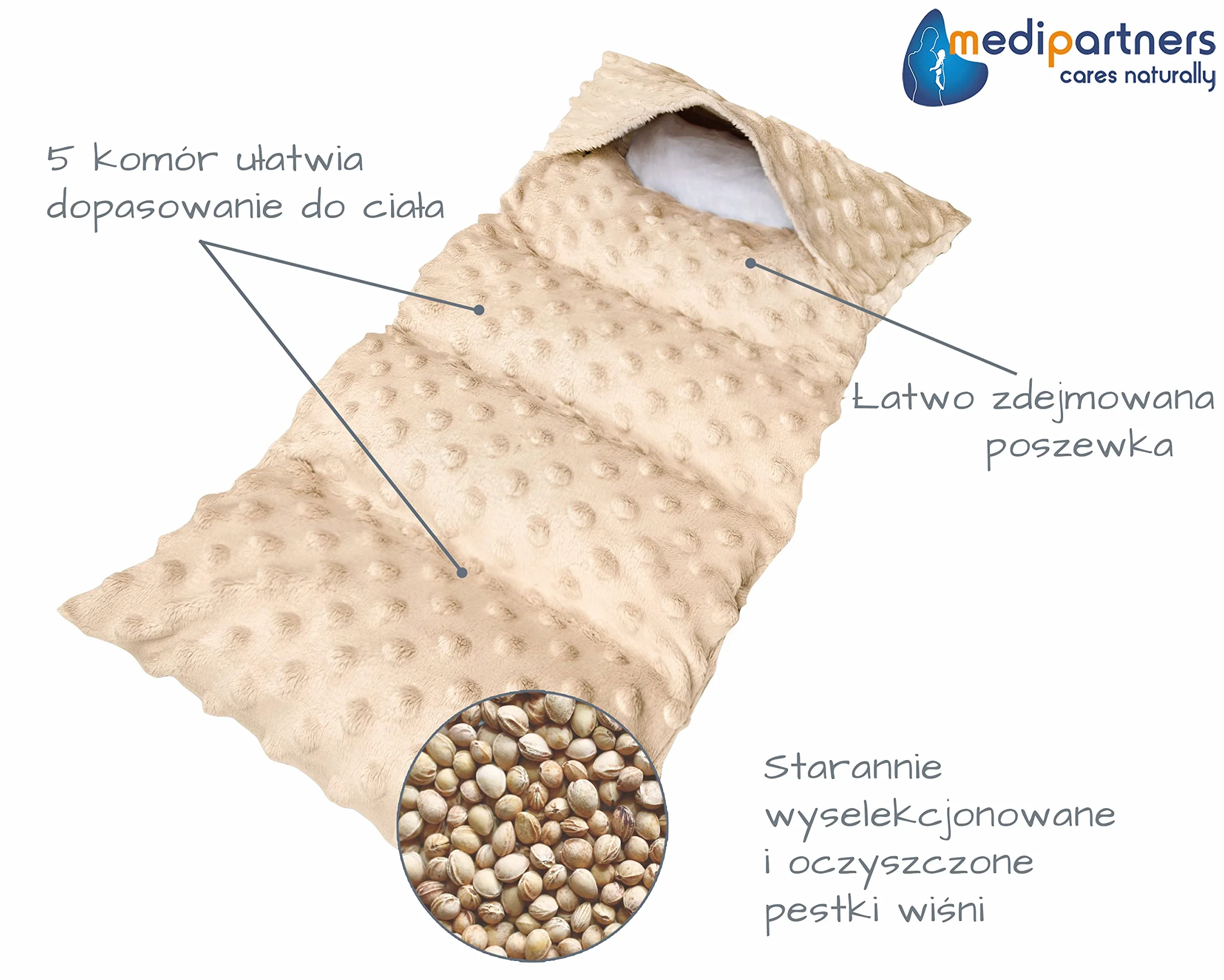 Termofor z pestek wiśni 5 Komorowy 800g 60x20cm Minky Terapia ciepłem/zimnem Wyjmowana poszewka Beż
