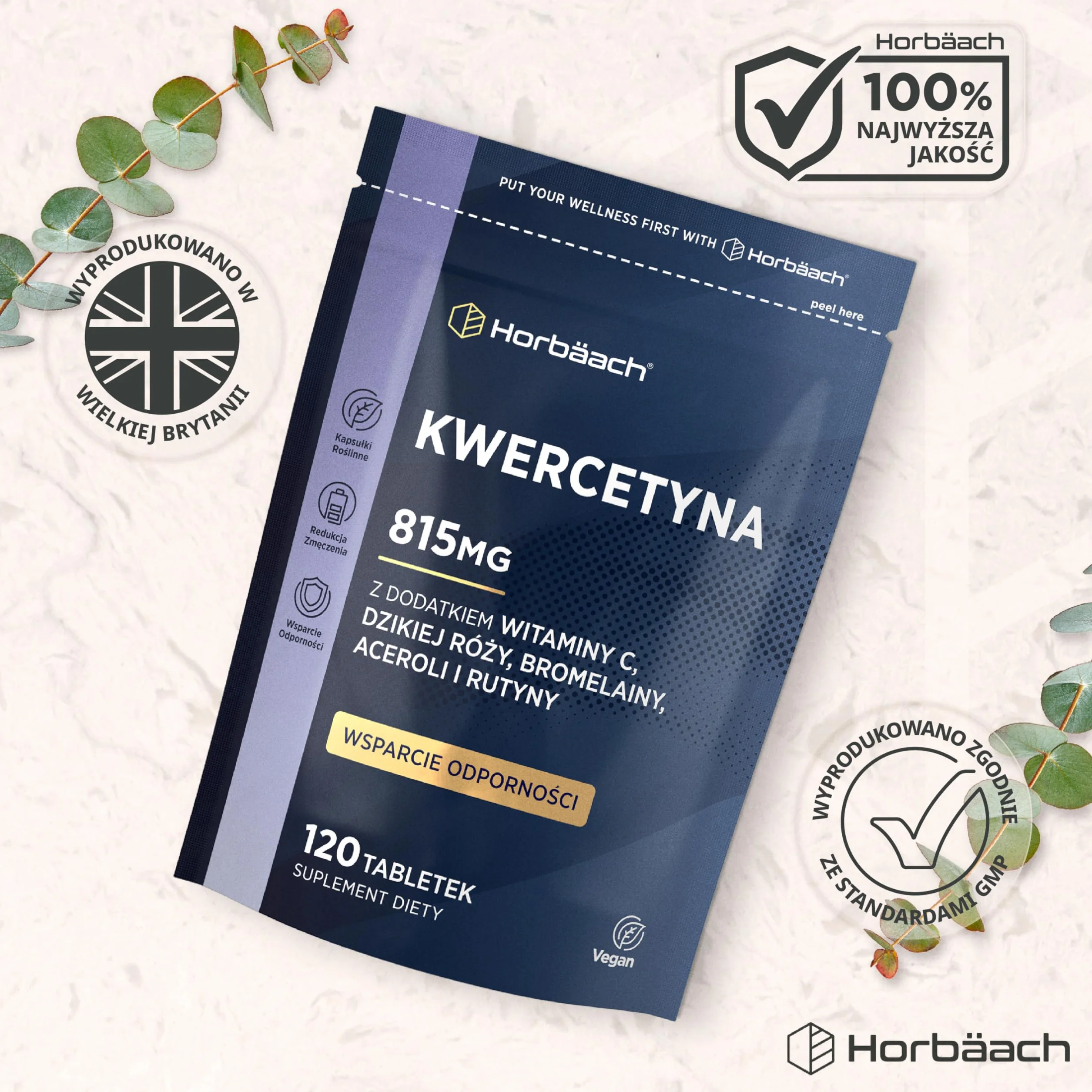 Kwercetyna z Bromelainą 819mg | Kwercetyna z Perełkowca Japońskiego z dodatkiem Bromelainy z Ananasa, Witaminy C, Dzikiej Róży, Aceroli, Rutyny | 120 Tabletek Wegańskich | marki Horbaach