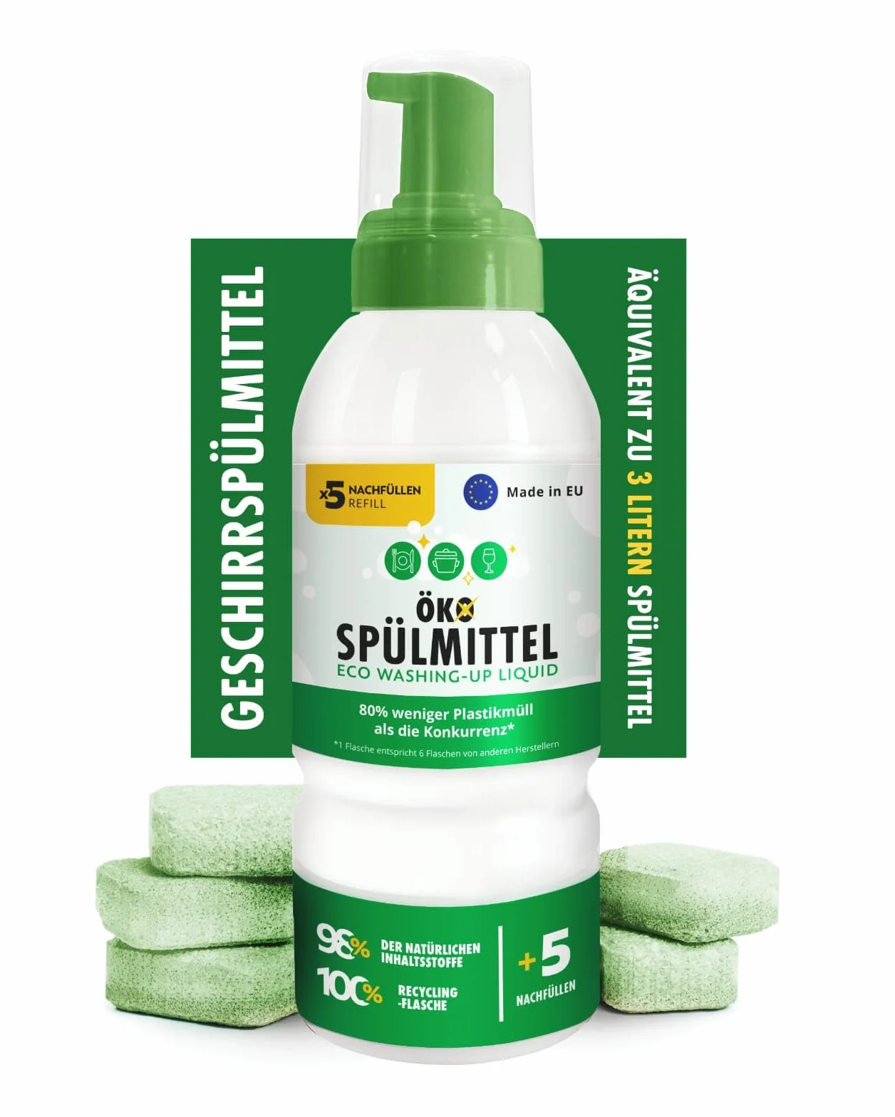 Eko Płyn do Mycia Naczyń 500 ml z 5 tabletkami uzupełniającymi (odpowiednik 6 x 500 ml), pianka do mycia naczyń, Ekologiczny płyn do ręcznego mycia naczyń, butelka 500 ml z 5 wkładami