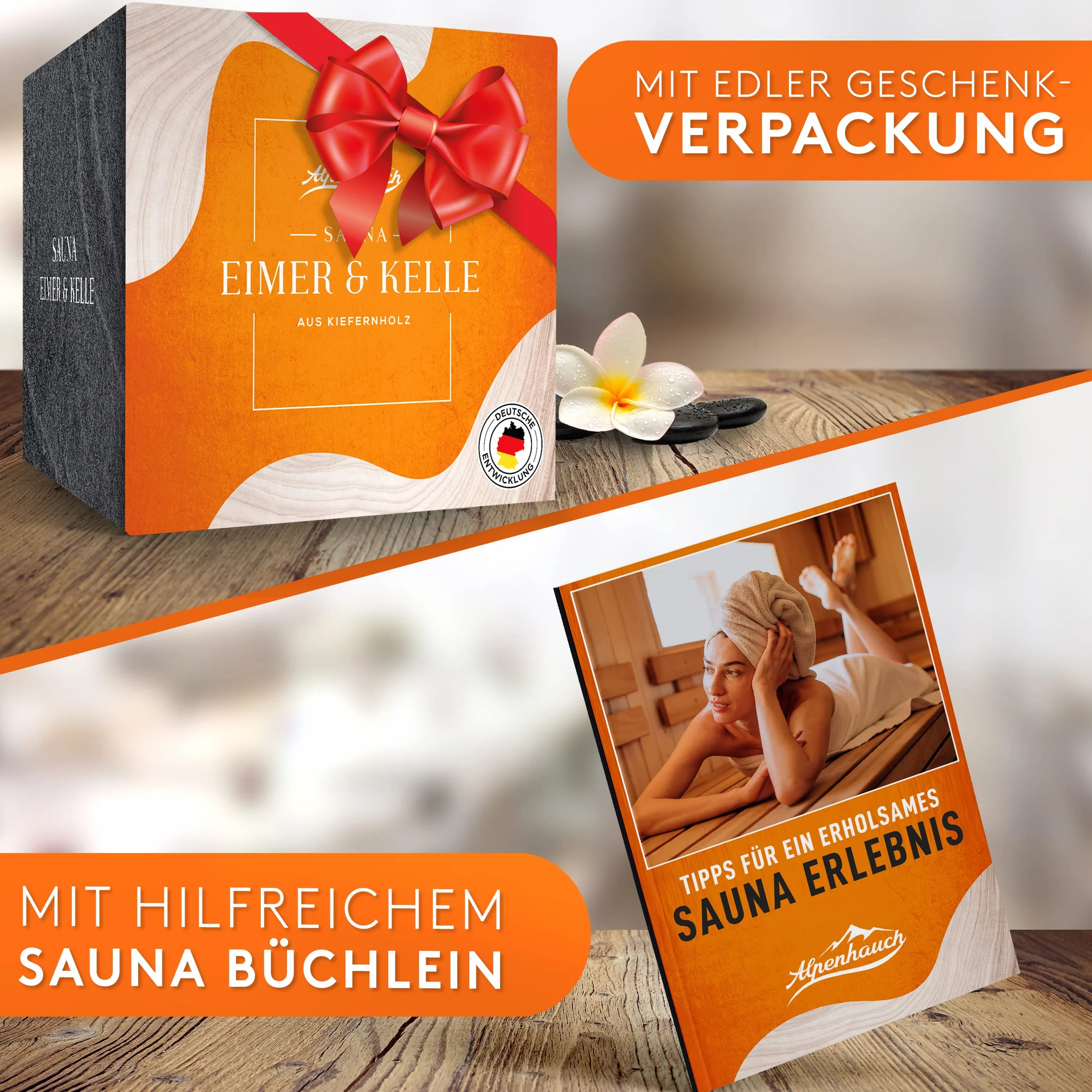 ALPENHAUCH Wiadro do sauny z kielnią [100% naturalne drewno] - eleganckie wiadro do sauny z kielnią - trwałe akcesoria do sauny - zestaw wiader infuzyjnych