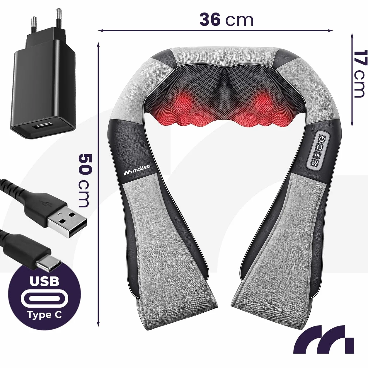 MalTec Masażer karku, pleców, karku, pas do masażu z funkcją rozgrzewania MAX-Comfy 2000, ergonomiczne wzornictwo