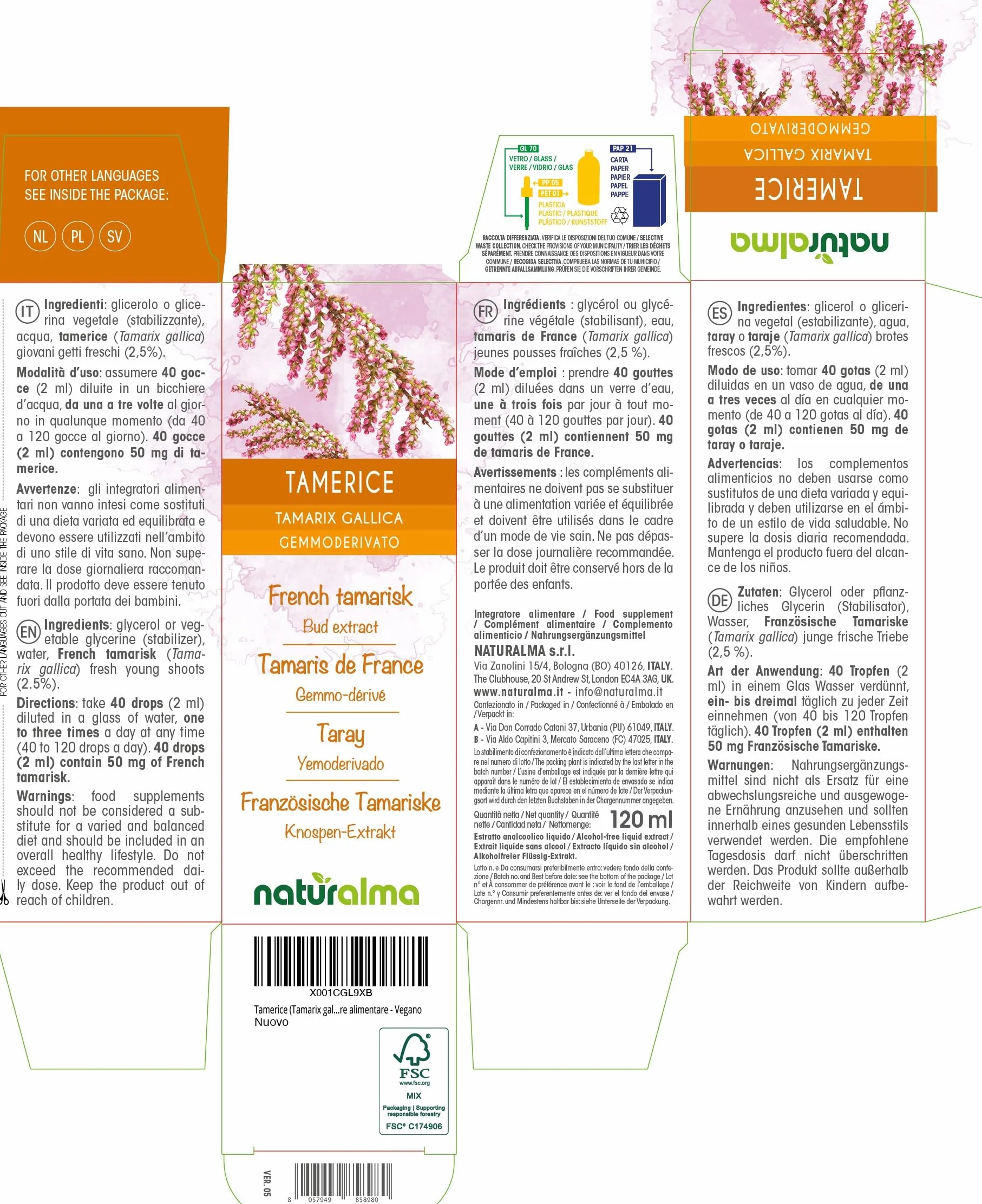 Tamaryszek francuski (Tamarix gallica) Bezalkoholowy ekstrakt ze świeżych pączków Naturalma - Płynny ekstrakt w kroplach 120 ml - Suplement diety - Wegański