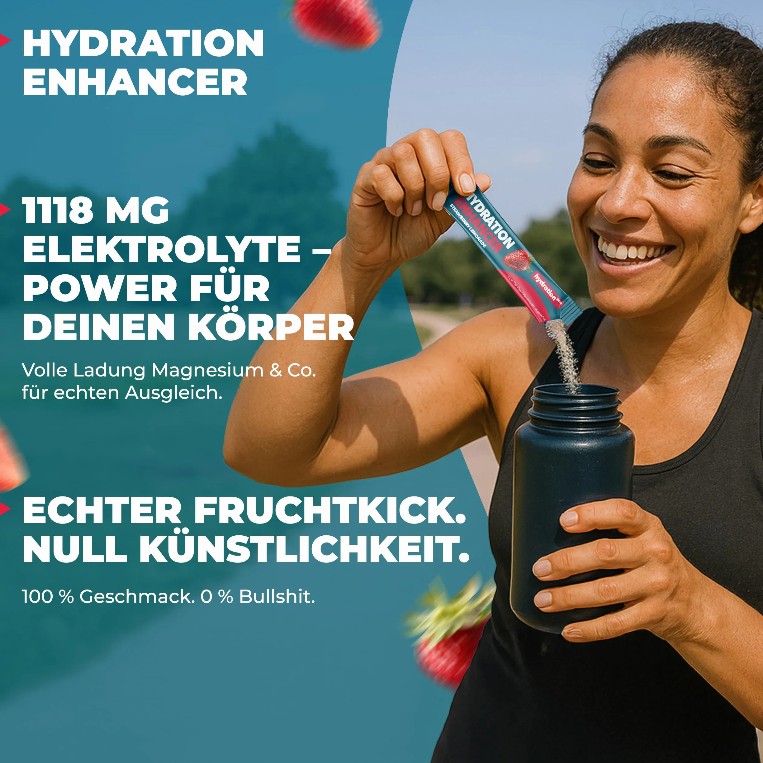 Proszek elektrolitowy 30 saszetek z witaminami, Elektrolity wegański, smak truskawkowy HydrationPro®
