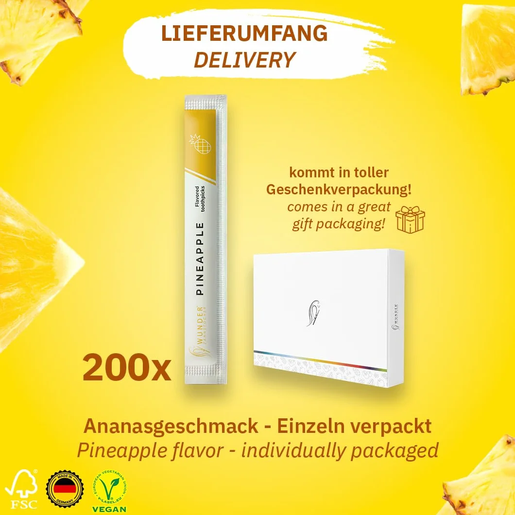 Wunder Wykałaczki o aromacie - 200x indywidualnie zapakowane wykałaczki - dostępne w 7 orzeźwiających smakach - delikatna higiena jamy ustnej - świeży oddech - indywidualnie zapakowane wykałaczki o aromacie (Ananas)