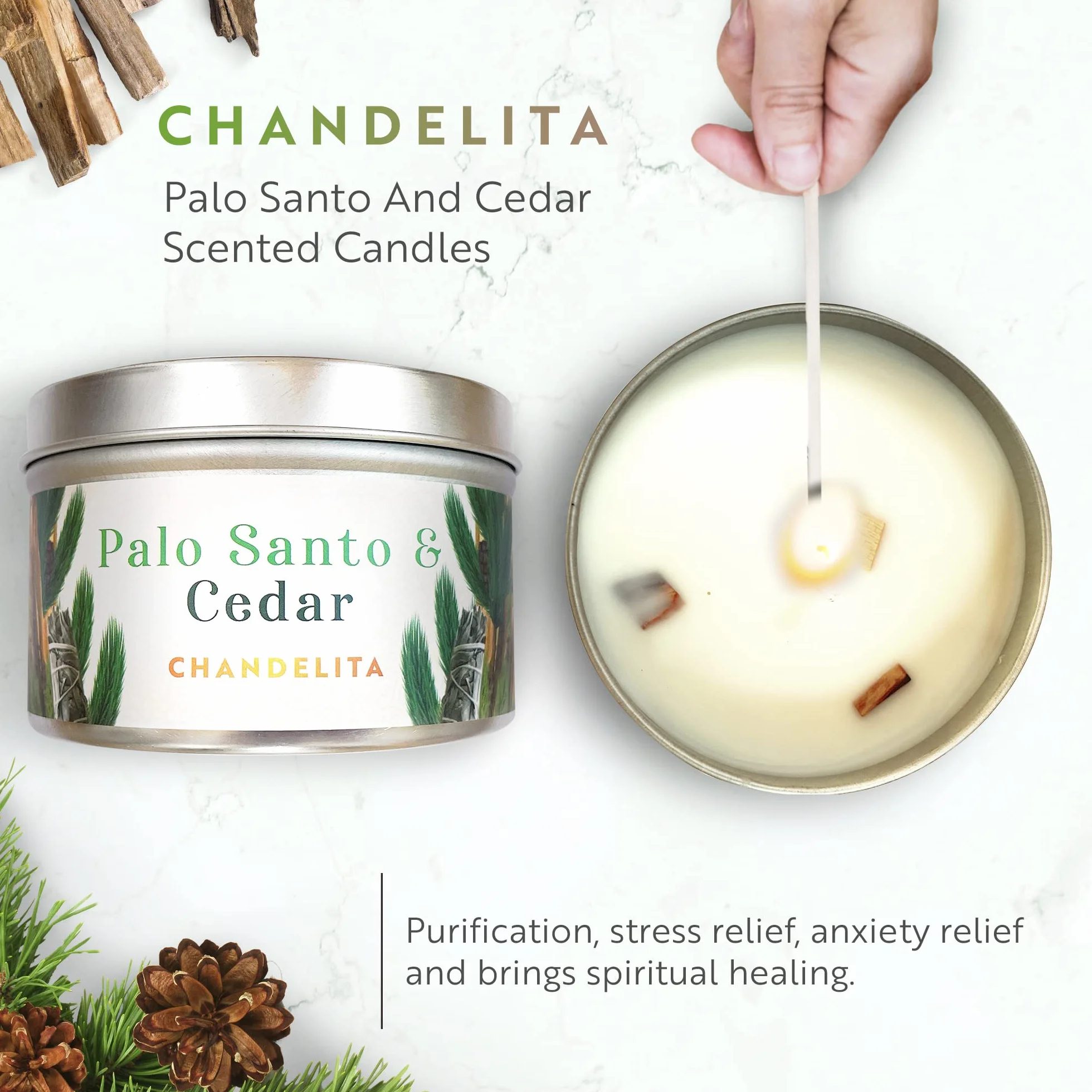 Aromatyczna Świeca o Zapachu Palo Santo i Decru z Wosku Sojowego i Olejków Eterycznych z Palo Santo i Cedru – Świece Zapachowe – Świece Dekoracyjne – Relaks i Medytacja