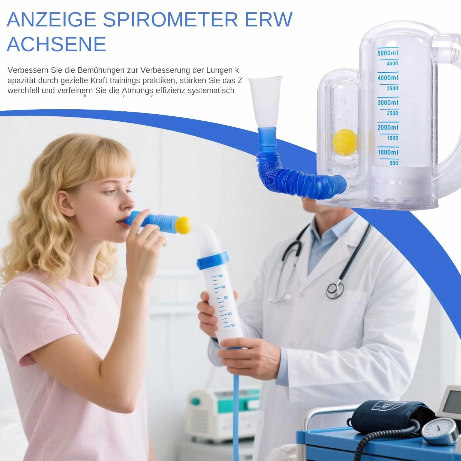Incentive Spirometer Adult, trener płuc ze wskaźnikiem przepływu powietrza, 5000 ml, trenażer oddychania dla mężczyzn, kobiet, seniorów, przenośny przyrząd do oddechu, domowa rekonwalescencja, 19 x 15