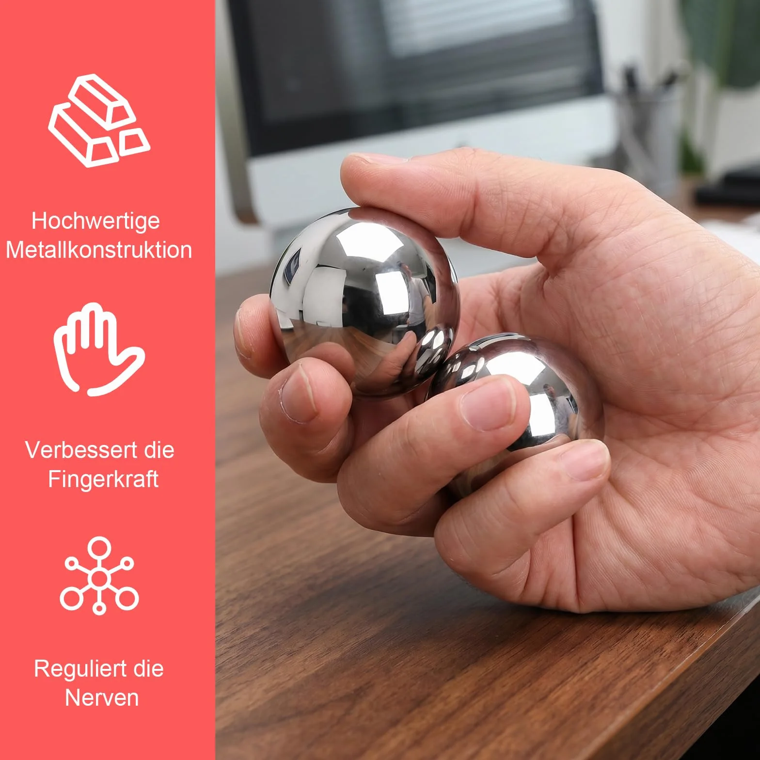 Qi Gong metalowe kulki 38 mm – kulki dźwiękowe do relaksu i medytacji – kulki treningowe Qi Gong dla początkujących i seniorów – przyjemna kula dźwiękowa z pudełkiem na prezent (kolor srebrny