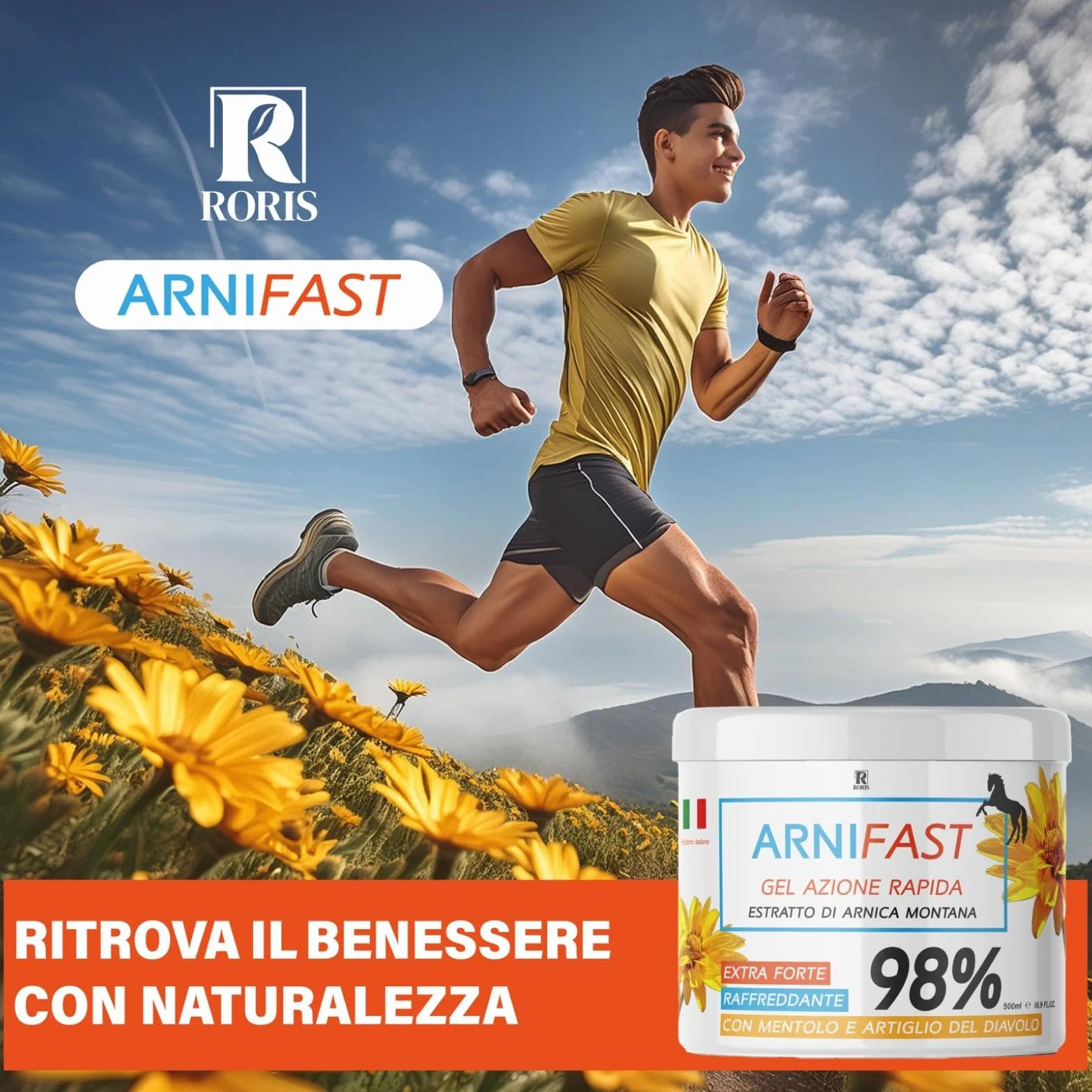 ARNIFAST arnika dla koni, 98% bardzo mocna, prawdziwy ekstrakt z arniki, szybko działający żel 500 ml, wyprodukowany we Włoszech, idealny do rozdarcia, rozciągania i masażu mięśni i stawów