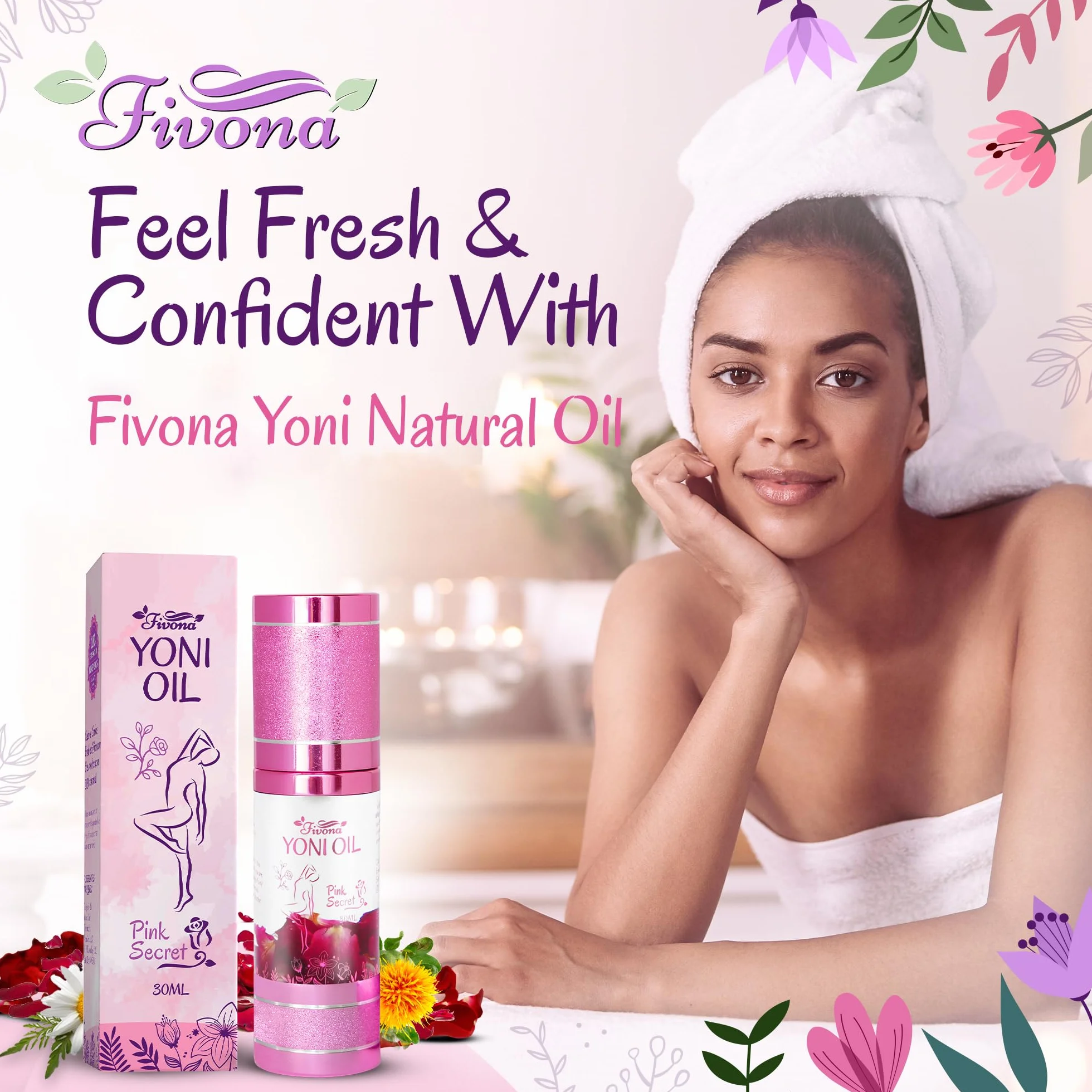FIVONA Yoni Oil Pink Secret for Natural Soothing Feminine Care – mieszanka olejków eterycznych – mieszanka olejków nawilżających do kontrolowania Odora, detoksykacji i równowagi pH 30 ml