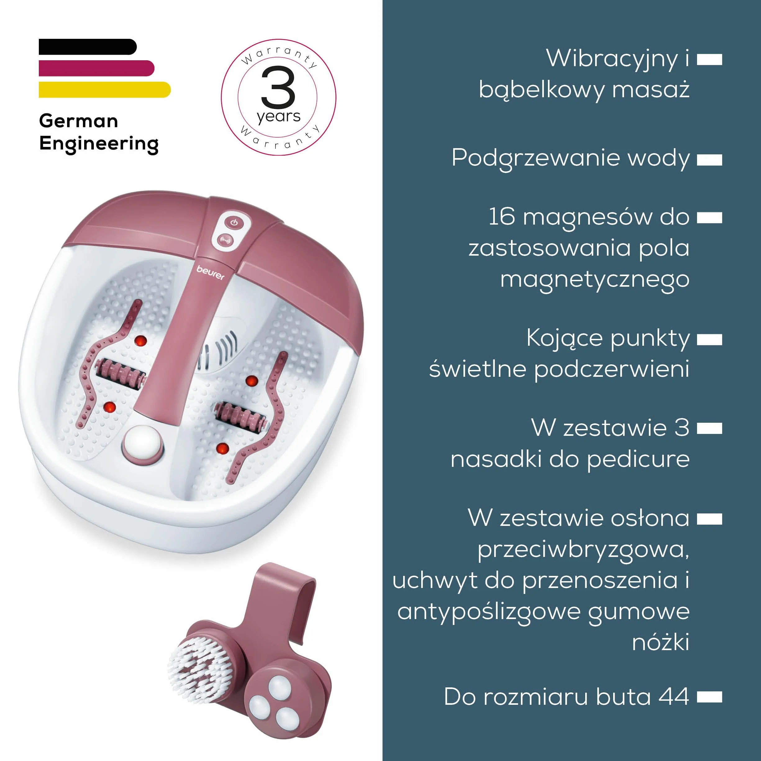 Beurer FB 35 kąpiel perełkowa do stóp z masażem wibracyjnym i bąbelkowym, 3 wymienne nasadki do pedicure, podgrzewanie wody, światło podczerwone, aromaterapia, do rozmiaru buta 44