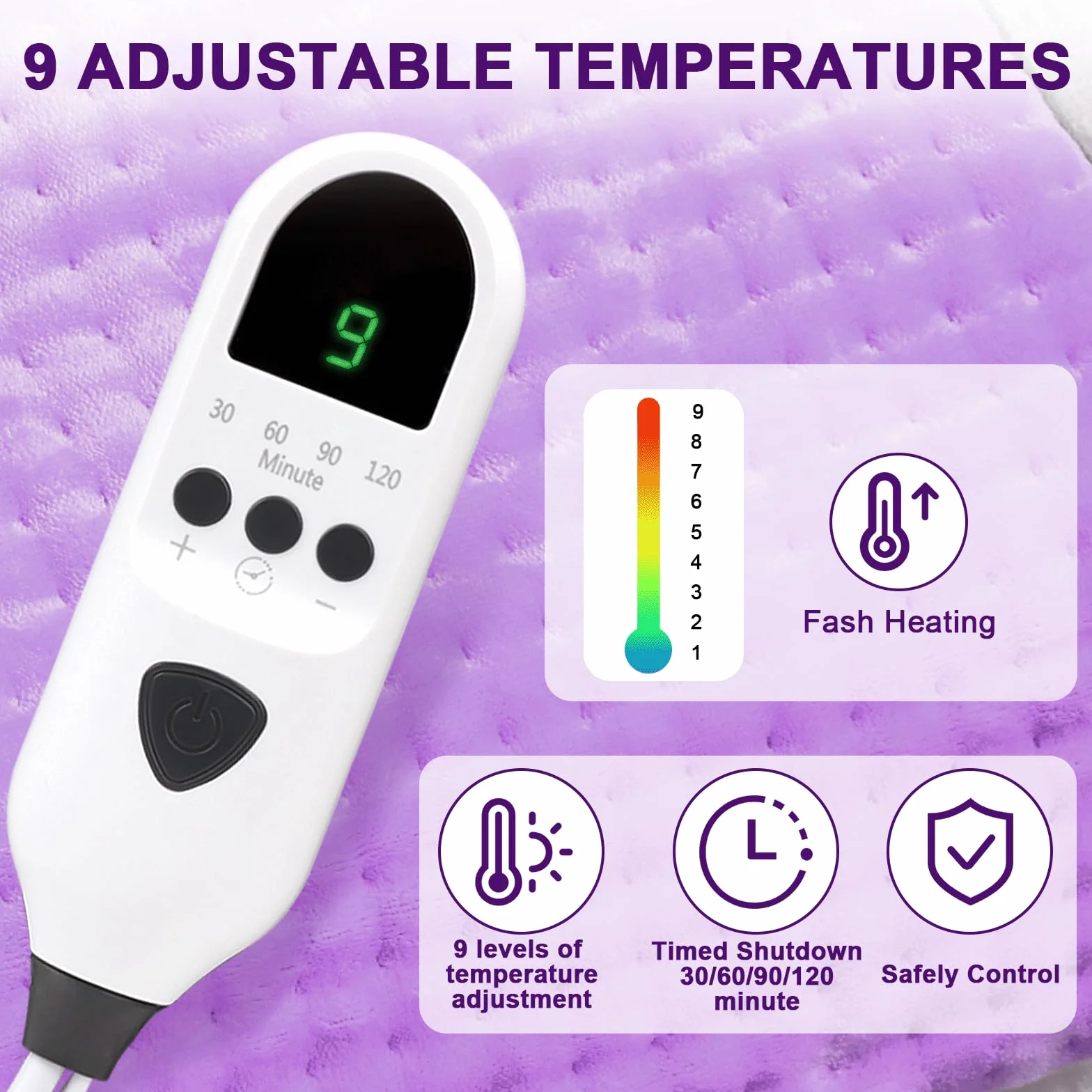 Poduszka grzewcza Crystal Ultra Soft polar, 9 poziomów temperatury, prezent urodzinowy i bożonarodzeniowy, można prać w pralce