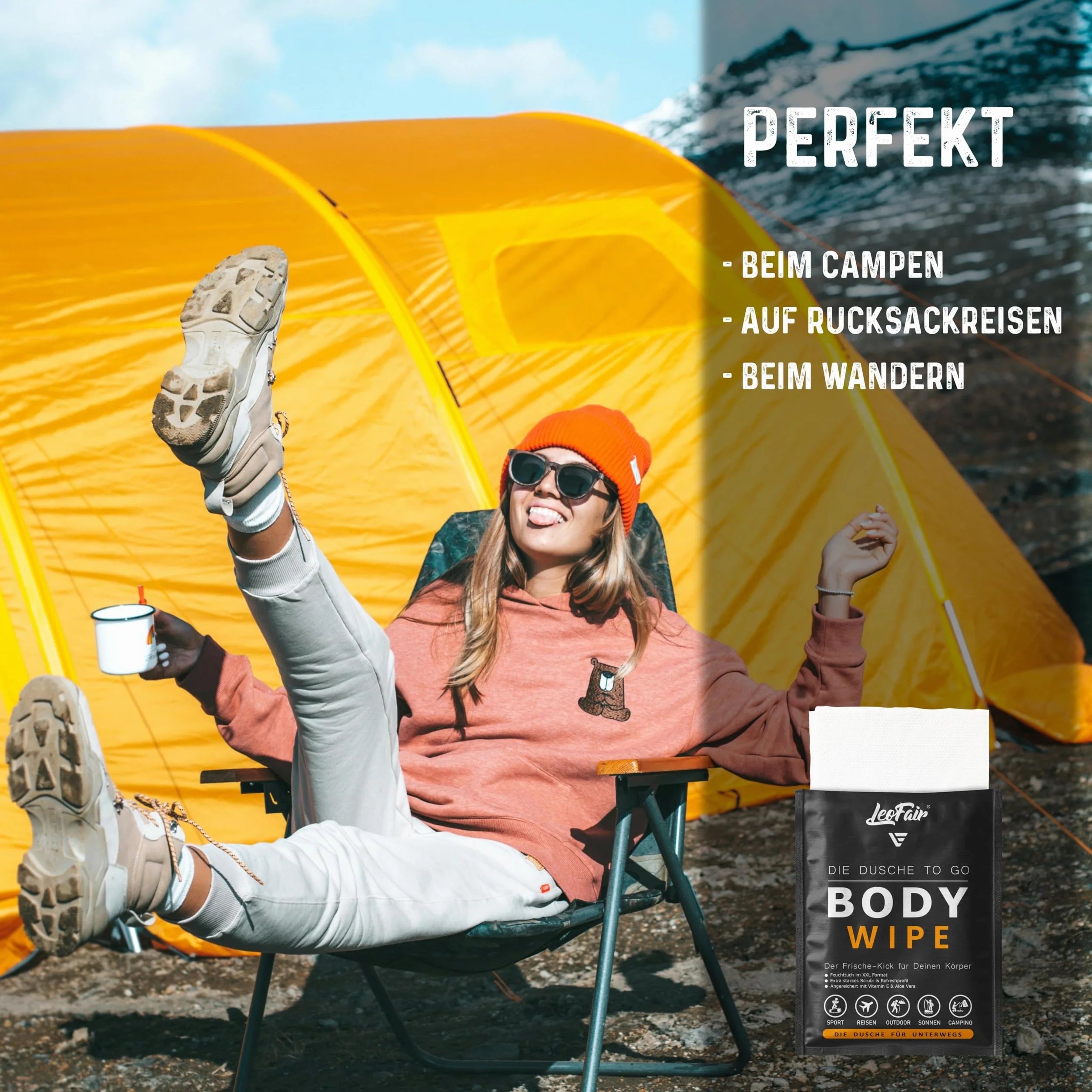 Body Wipes jednorazowe ściereczki XXL – wilgotne ściereczki do mycia w podróży, na kemping, festiwal i w podróży – 10 dużych chusteczek nawilżanych pakowanych pojedynczo do twarzy i ciała