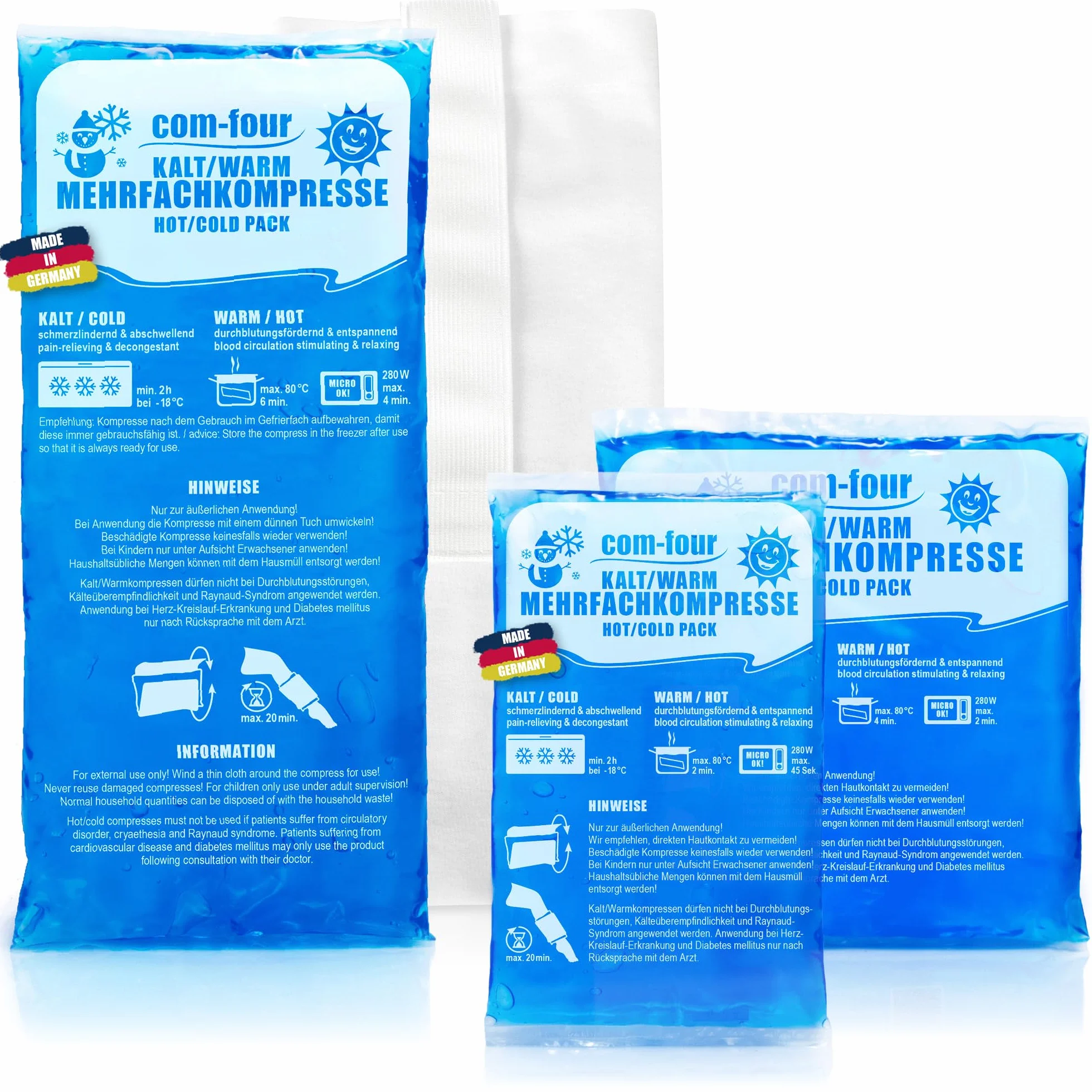 COM-FOUR® 3x kompresy w 3 róznych rozmiarach z oslona, kompresy na zimno i cieplo - opakowanie ekonomiczne - nadaja sie do mikrofalówki - Made in Germany (3 kawalki)