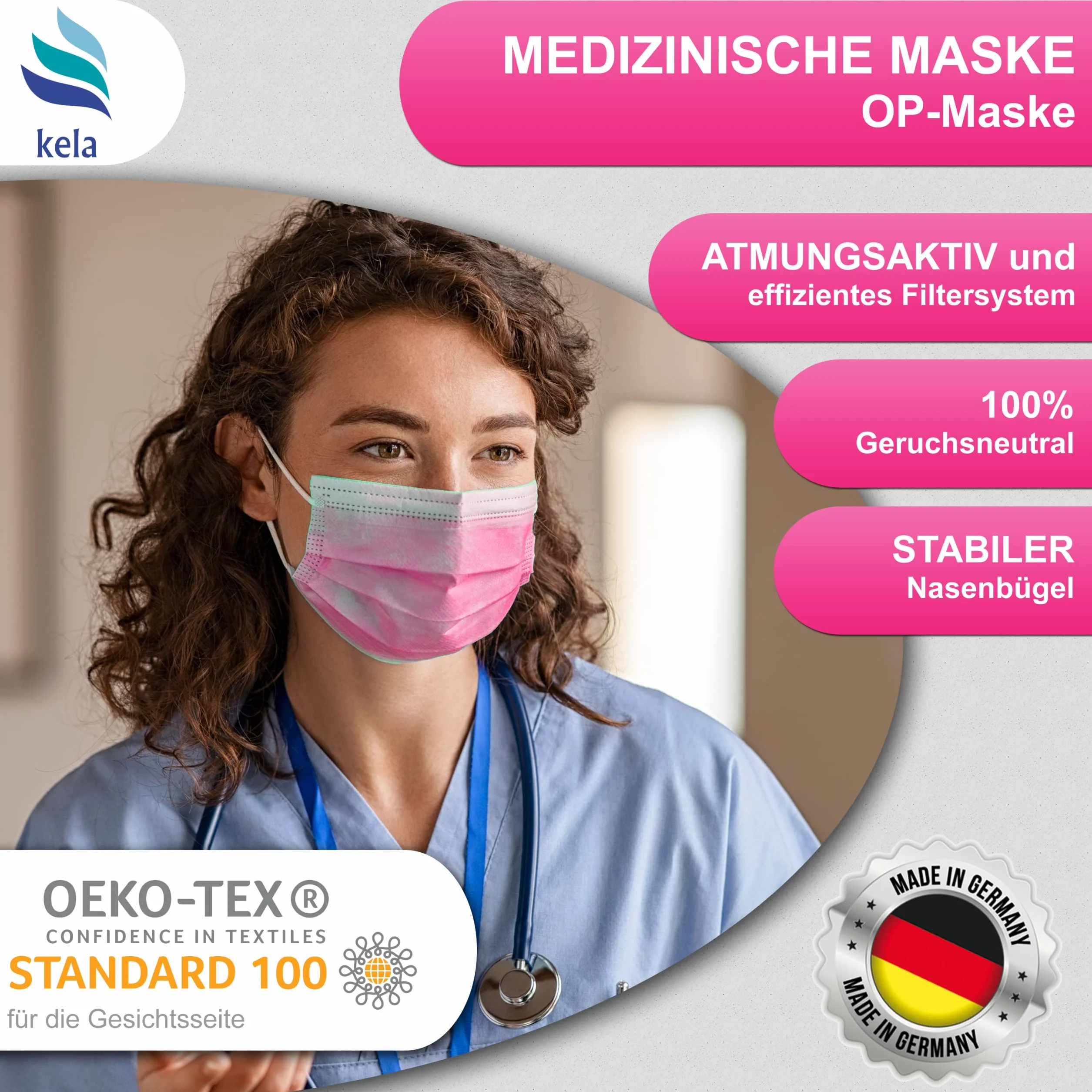 kela®, Maska medyczna, różowa, Made in Germany, maska medyczna do ochrony ust i nosa, jednorazowa maska chirurgiczna, certyfikat CE, DIN EN 14683 typ IIR, BFE > 99,88%, 3-warstwowa