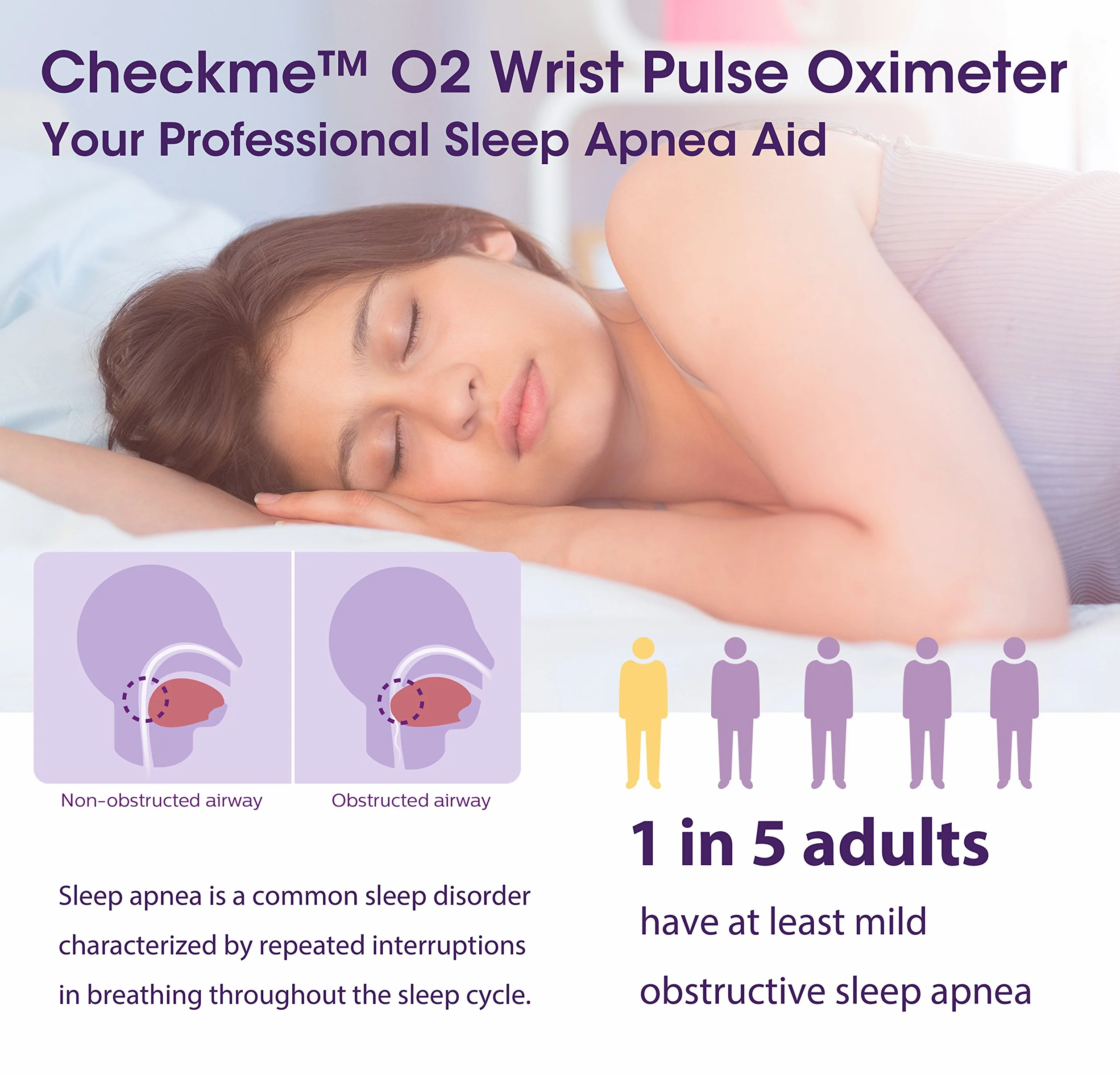 Checkme™ O2 Monitor snu, przenośny monitor tlenu i tętna, opatentowany czujnik kciuka, pulsoksymetr SpO2 z inteligentnym alarmem wibracyjnym, Bluetooth, przeciw chrapaniu, opaska na nadgarstek z