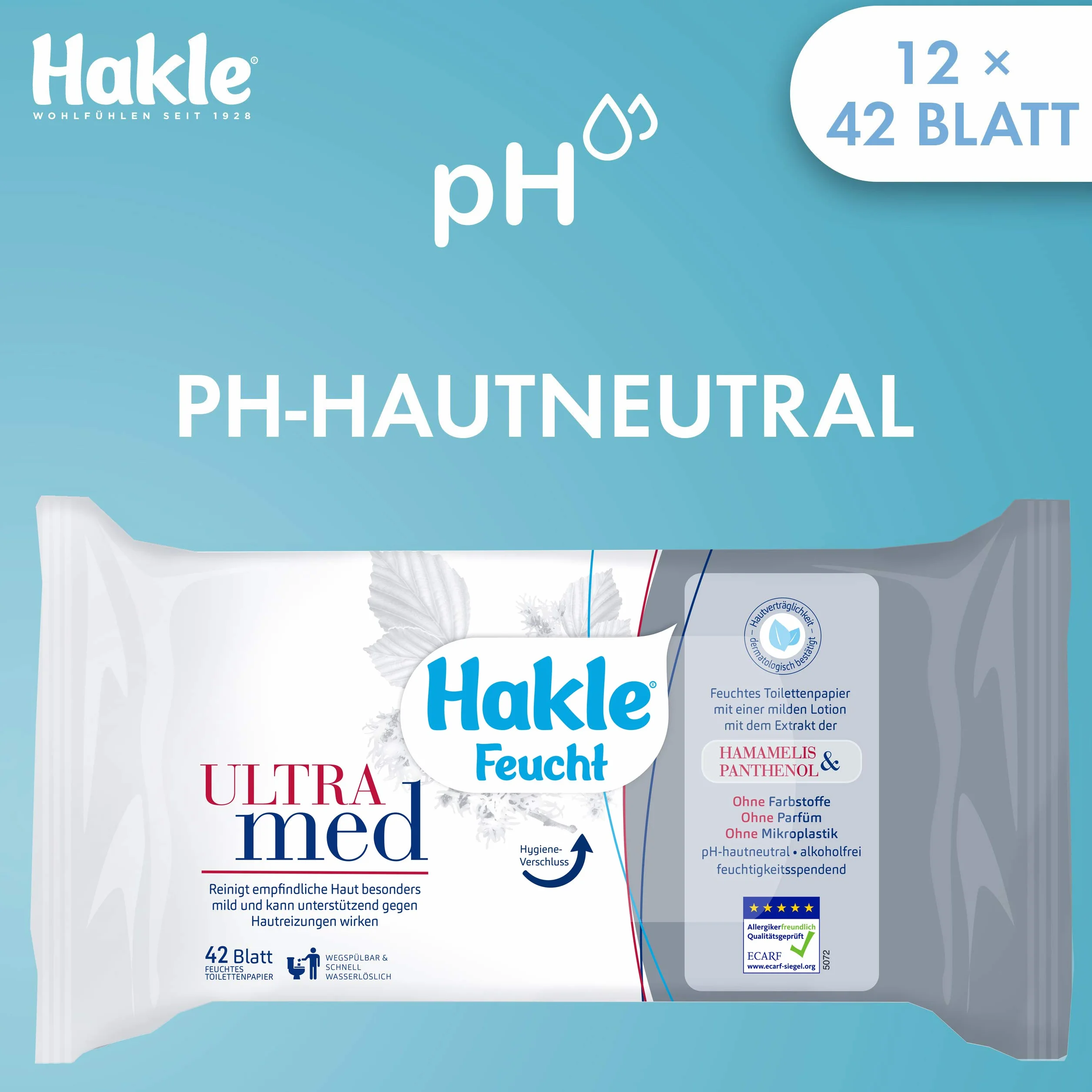 Hakle Wilgotny Papier Toaletowy Ultra Med 12 Sztuk 12 x 42 Arkuszy Pielęgnujący Szybko Rozpuszczalny w Wodzie