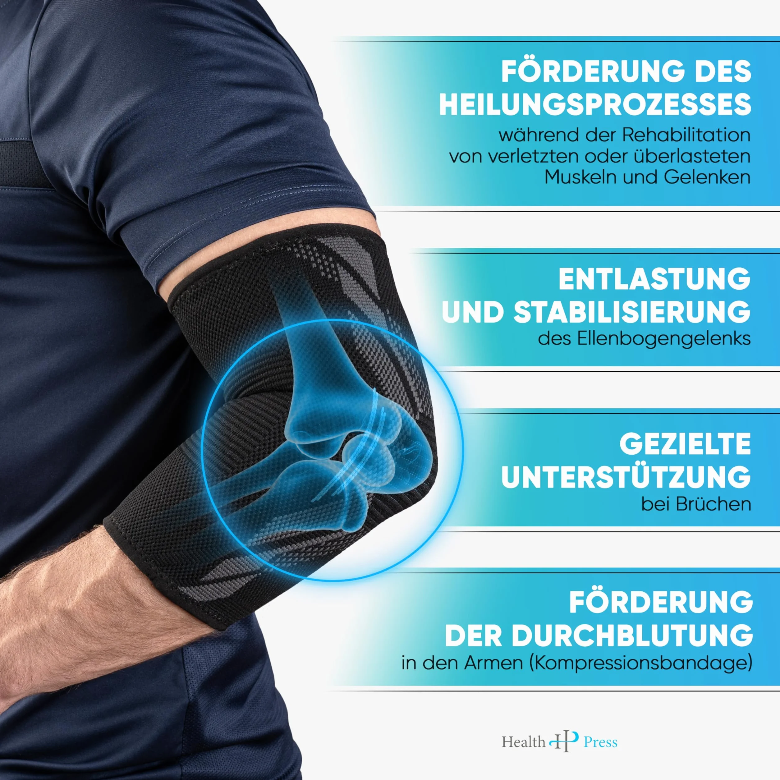 Health Press® Bandaż na łokieć – 1 x bandaż na łokcie, rozm. M – wsparcie łokcia – odciążenie i stabilizacja stawu łokciowego – profesjonalny bandaż kompresyjny – wspierająca bransoletka z prawej i