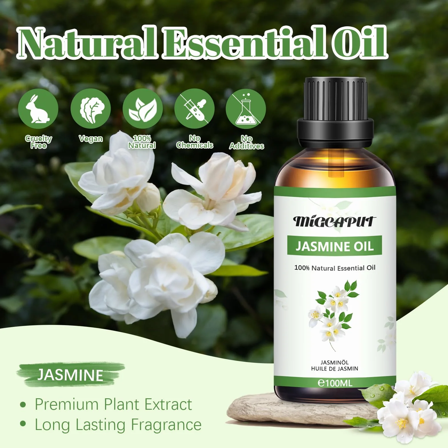 MIGCAPUT Olejek Eteryczny Jaśminowy 100ML, Naturalny Olejki Aromaterapeutyczny, Jaśminowy Olejek Zapachowy Premium do Dyfuzora, SPA, Masażu, Ręcznie Robione Mydło, Ręcznie Robione Świece