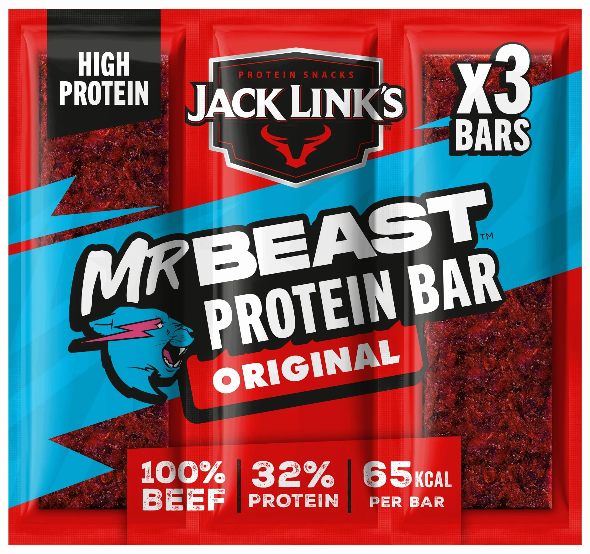 Jack Link's Original Proteinowy Baton z Wołowiny, Niskowęglowodanowe Batony Proteinowe, Baton Energetyczny, Przekąska Podczas Podróży i na Siłownię, Treningi, Wysokobiałkowa Przekąska (30 x 22.5 G)