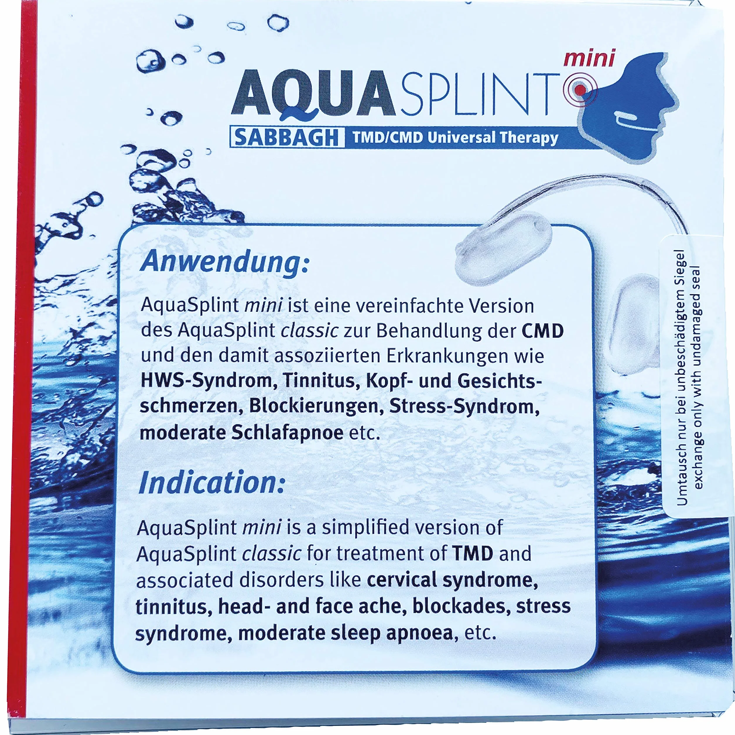 AquaSplint mini samoregulująca szyna do zagryzania wypełniona wodą do leczenia CMD