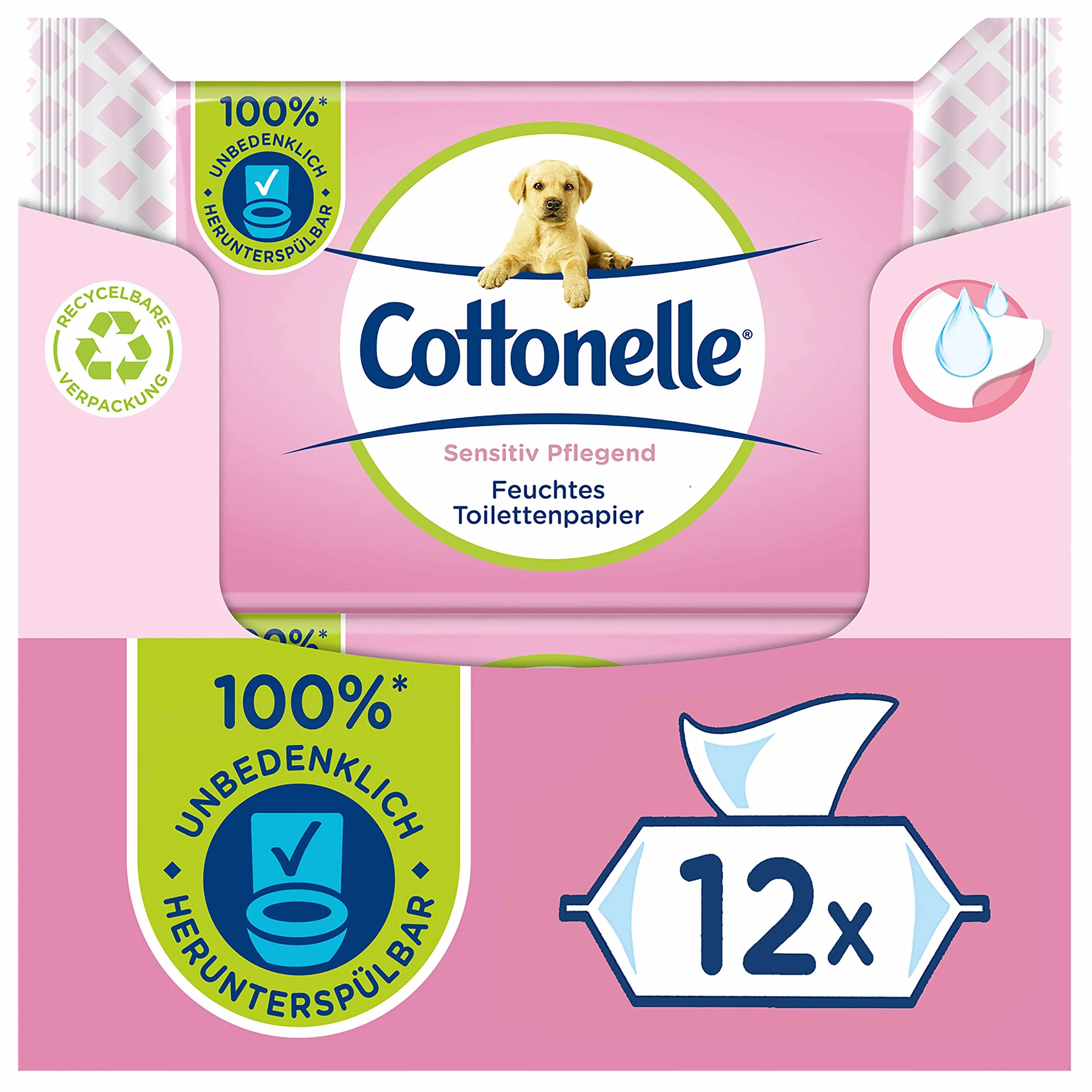 Cottonelle Wilgotny papier toaletowy, delikatny pielęgnacyjny – nie zawiera perfum, biodegradowalny, nie zawiera plastiku, możliwość ponownego zamknięcia, opakowanie ekonomiczne, 12 x 42 chusteczki