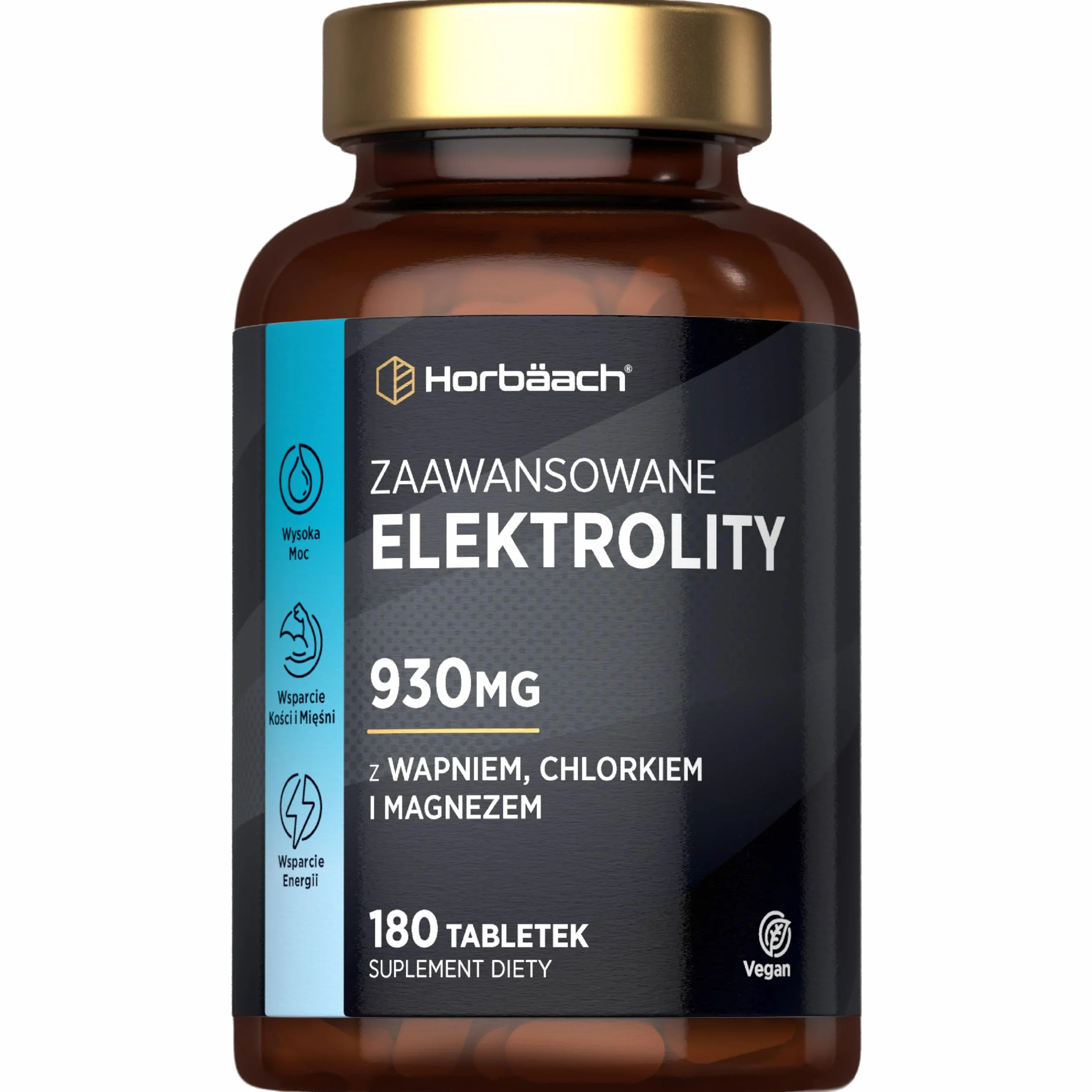 Elektrolity 930mg z Potasem, Chlorkiem, Wapniem, Magnezem i Sodem | Elektrolity w Tabletkach | Alternatywa dla Proszku i Saszetek | Bez cukru | 240 Wegańskich Tabletek | marki Horbaach
