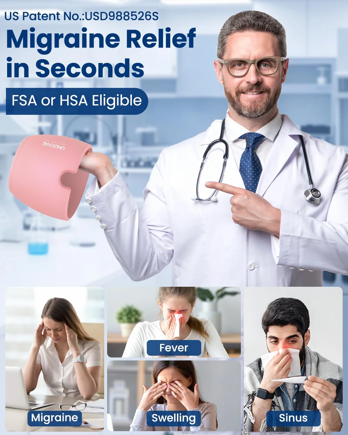 ONLYCARE Maska na migrenę, czapka chłodząca, czapka chłodząca, na bóle głowy, migreny, nakładka chłodząca, żel chłodzący, łagodzi migrenę (różowa)