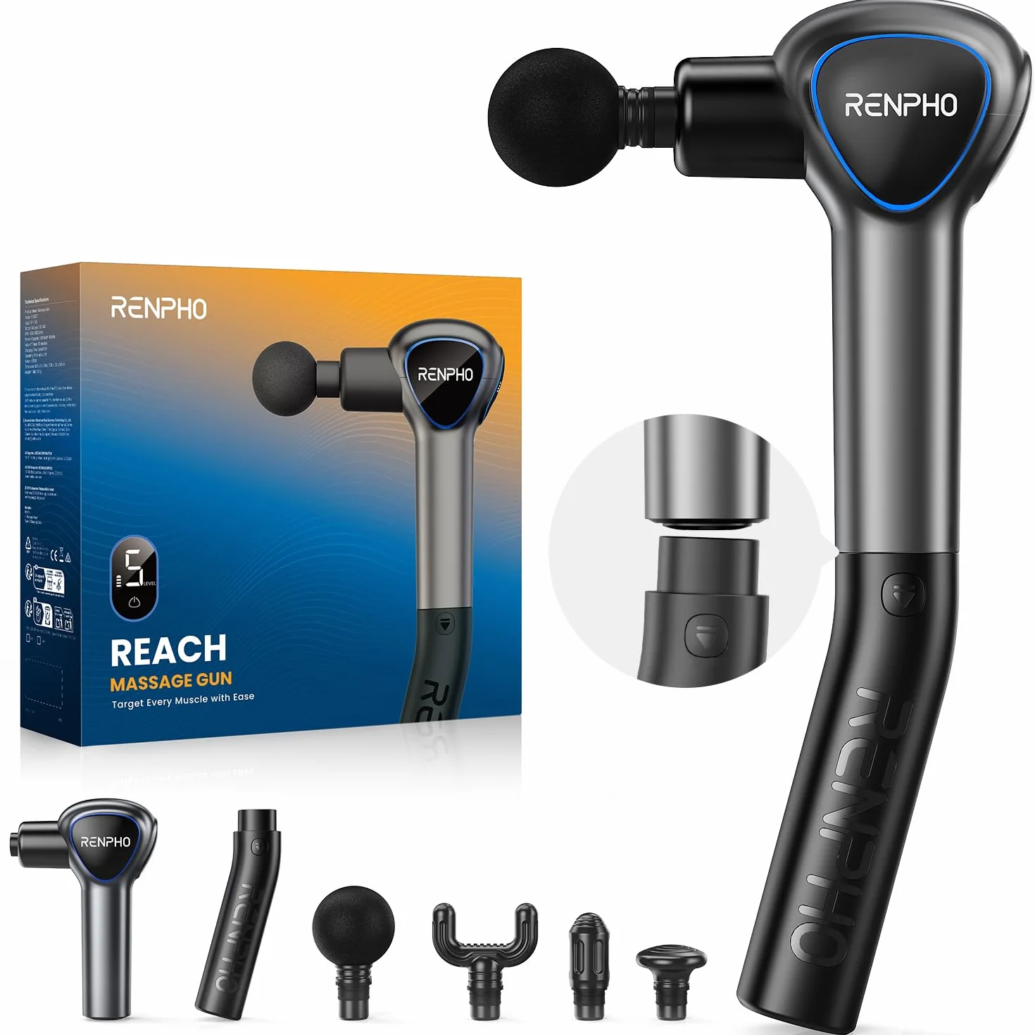 RENPHO Reach mini pistolet do masażu z uchwytem przedłużającym, pistolet do masażu mięśni z dotykowym ekranem LED, do treningu domowego, relaksu mięśni, najlepszy prezent, czarny