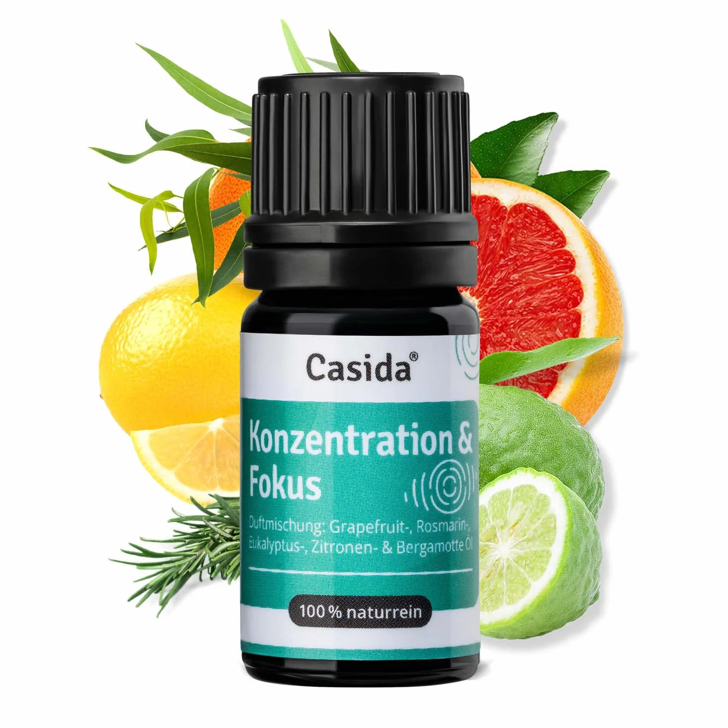Casida® Mieszanka Koncentracji i Fokus - z olejków eterycznych naturalnych - grejpfrutowego, rozmarynowego, eukaliptusowego, cytrynowego i bergamotkowego - dla lepszej koncentracji - jakość apteczna - 5 ml