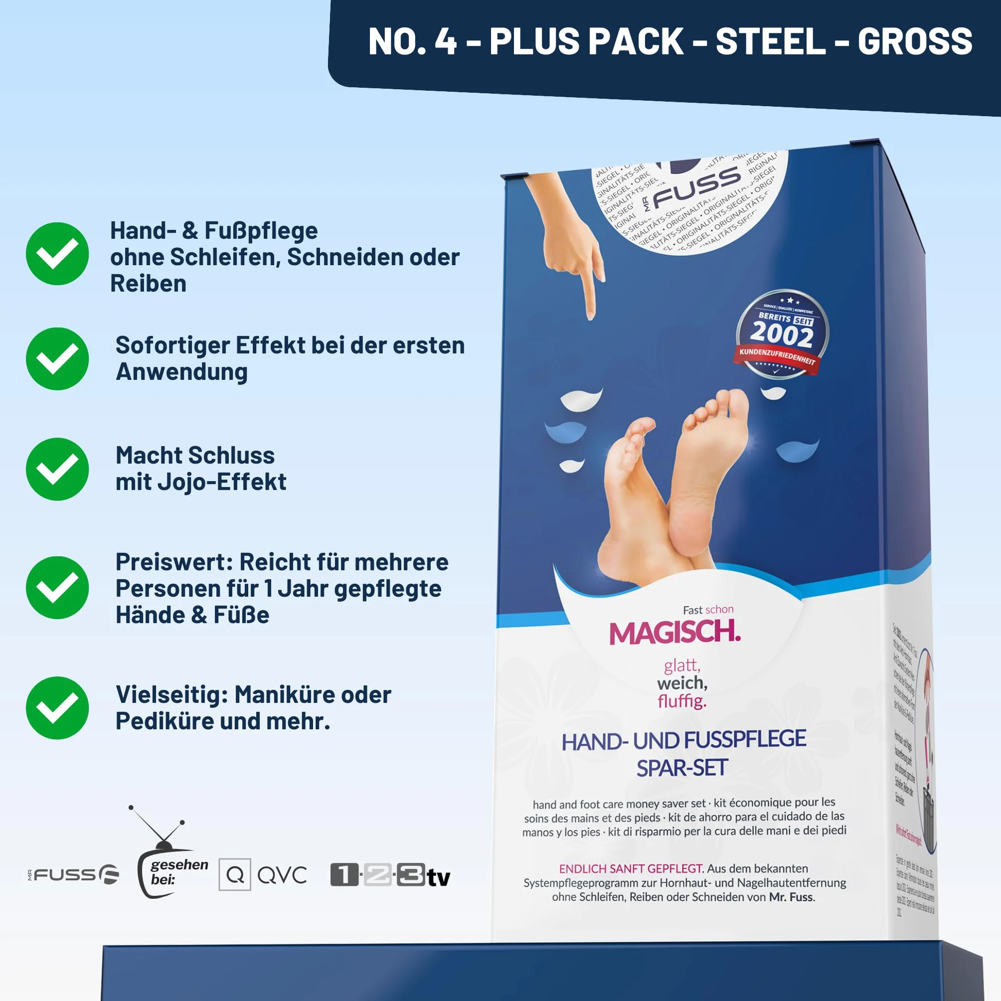 Mr. Fuss No. 4 - Plus Pack Steel - duży zestaw do usuwania skórek i zrogowaciałego naskórka zestaw ekonomiczny 3-częściowy aktywny roztwór szybko zmiękczający - 500 ml, wata, skrobak ze stali