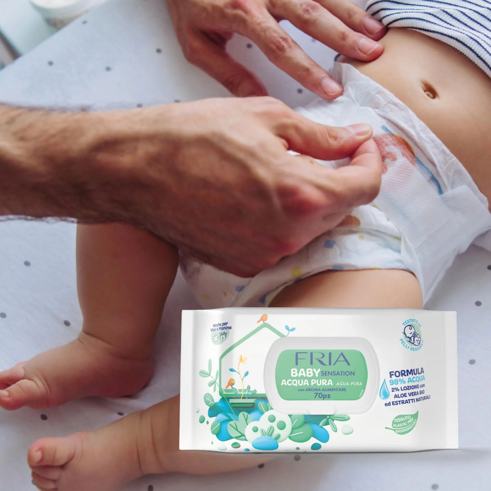 Fria Baby Sensation czysta woda Chusteczki do zmiany pieluch, formuła z 98% oczyszczoną wodą o działaniu oczyszczającym skórę, testowane dermatologicznie, 70 chusteczek