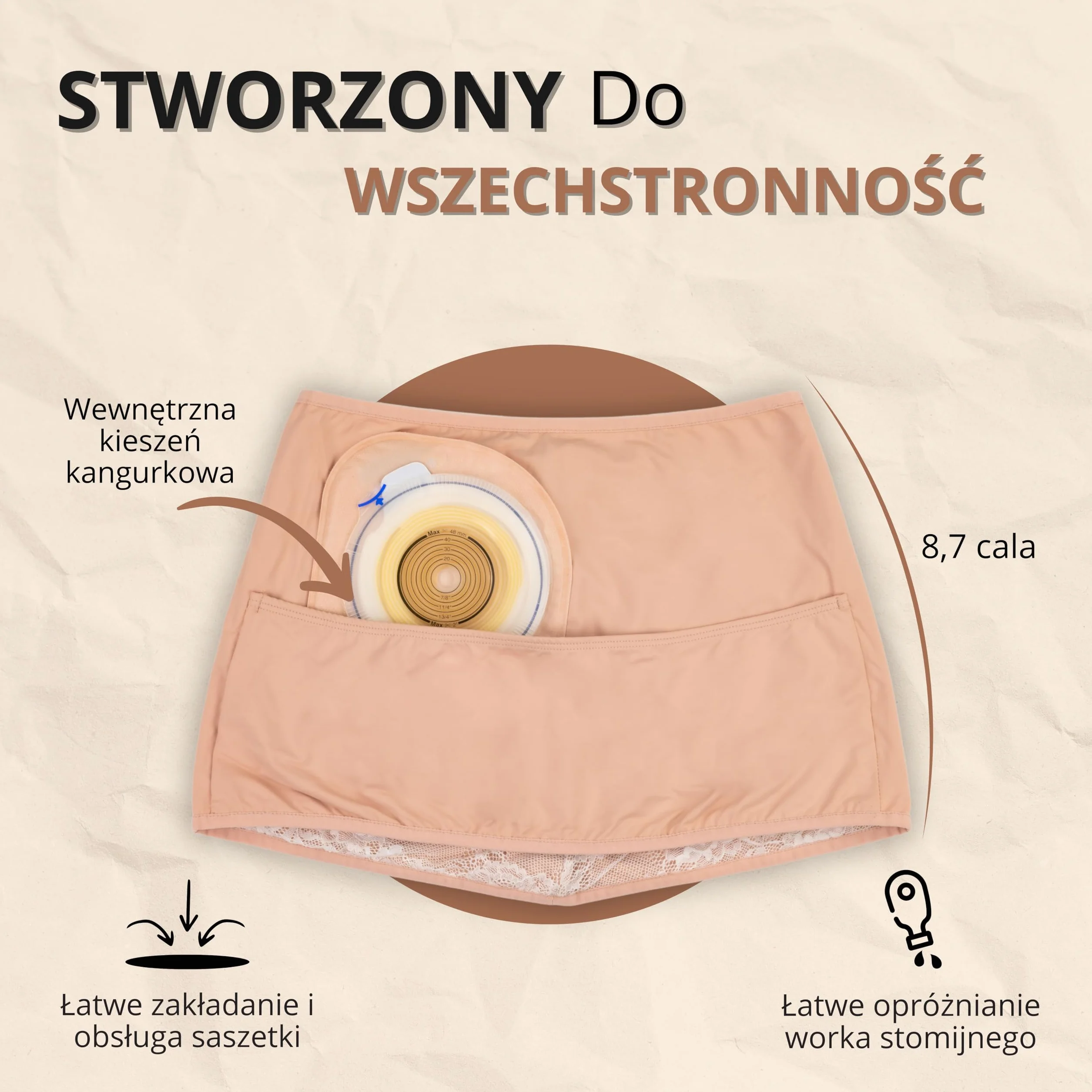 Owijka stomijna Kremowa | SIIL Ostomia | Uchwyt na worek kolostomijny wewnątrz | Pas stomijny | Pokrowiec na worek stomijny