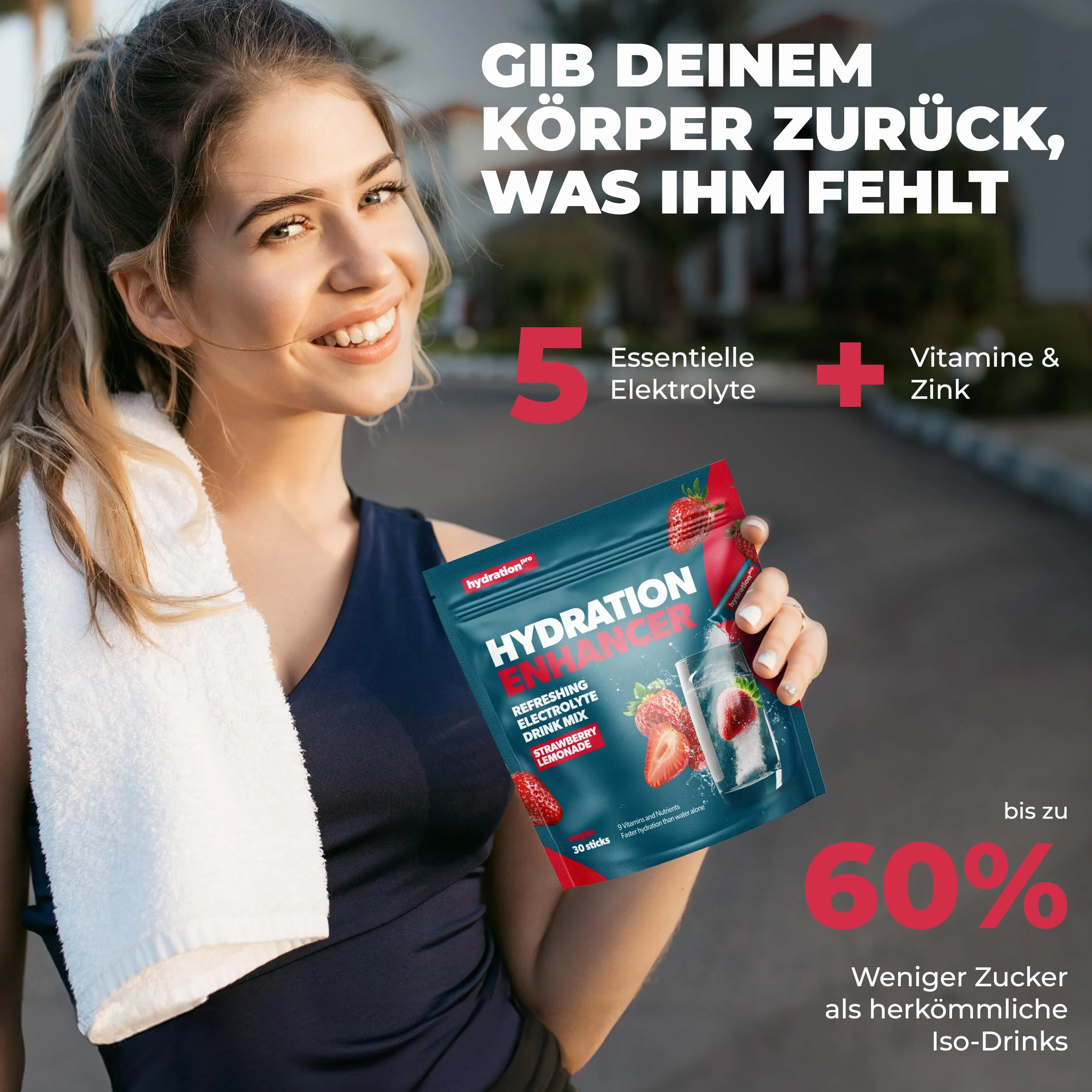 Proszek elektrolitowy 30 saszetek z witaminami, Elektrolity wegański, smak truskawkowy HydrationPro®