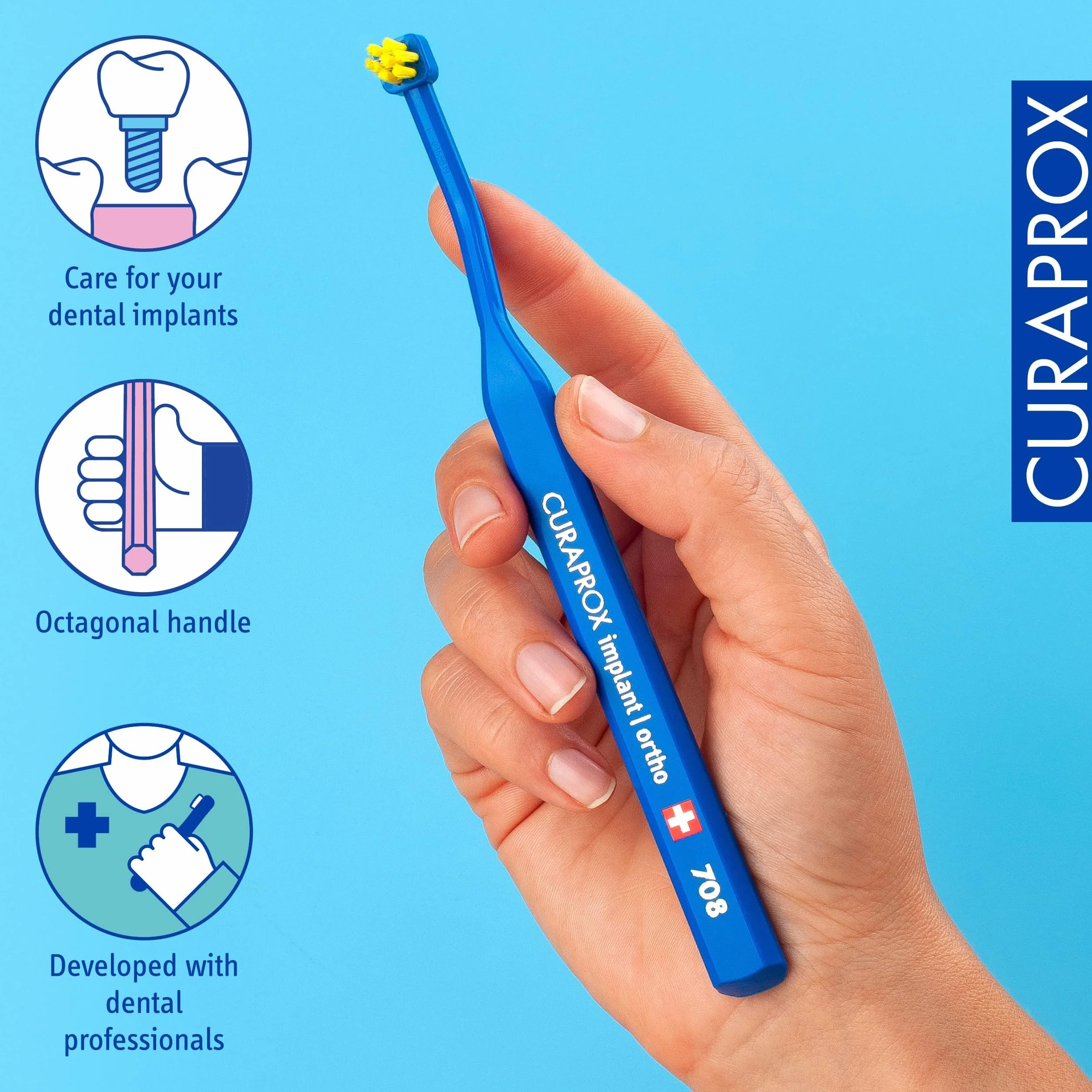 Curaprox implant toothbrush-do implantów, aparatów ortodontycznych i trudnych miejsc/Elastyczna głowica do precyzyjnego czyszczenia/Niebiesko-żółty/pojedyncze opakowanie/Made in Switzerland