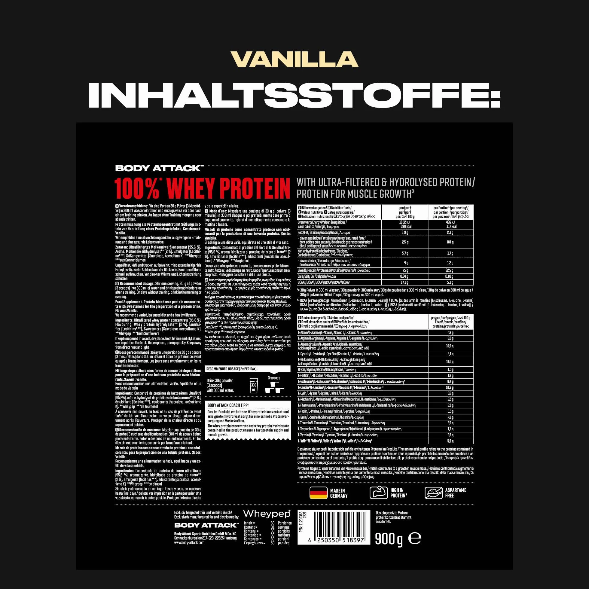 Body Attack 100% WHEY PROTEIN wanilia 900 g proszek białkowy z hydrolizatem i BCAA